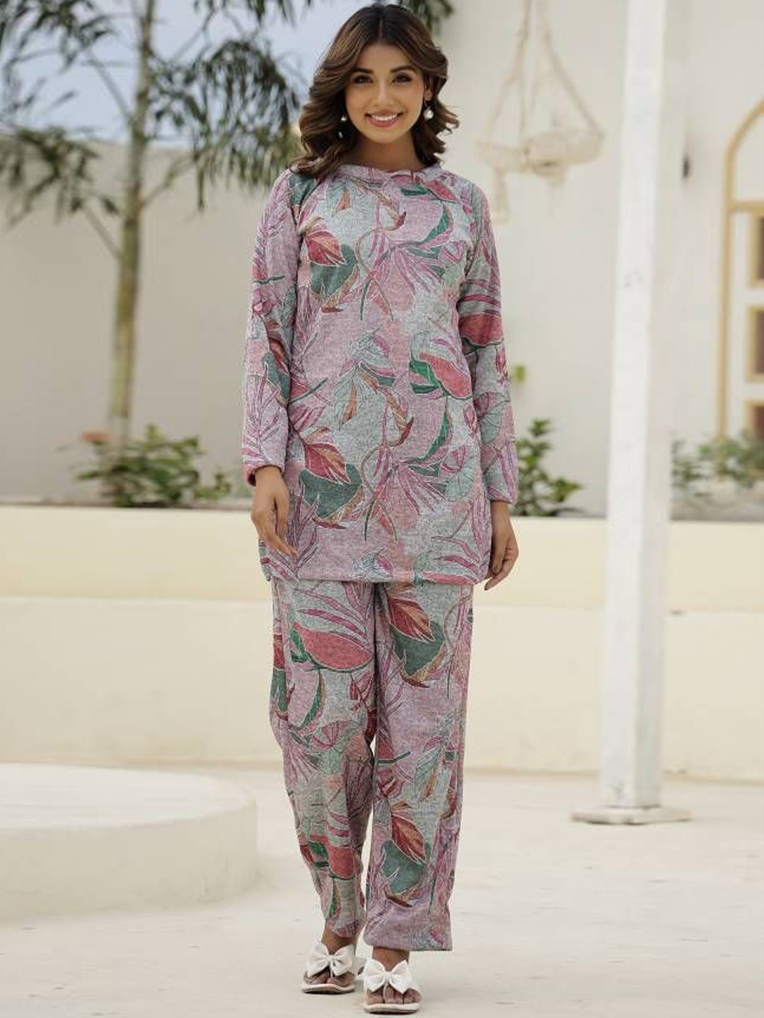 

FLAVIA CREATION Printed Pure Wool Tunic & Trousers, Pink