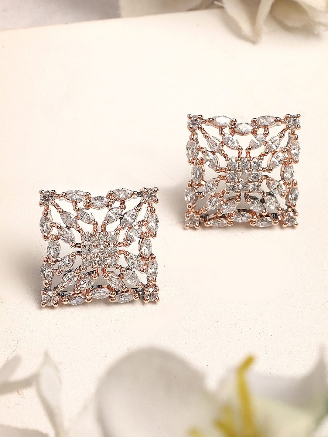 

KARATCART Rose Gold-Plated American Diamond Square Studs