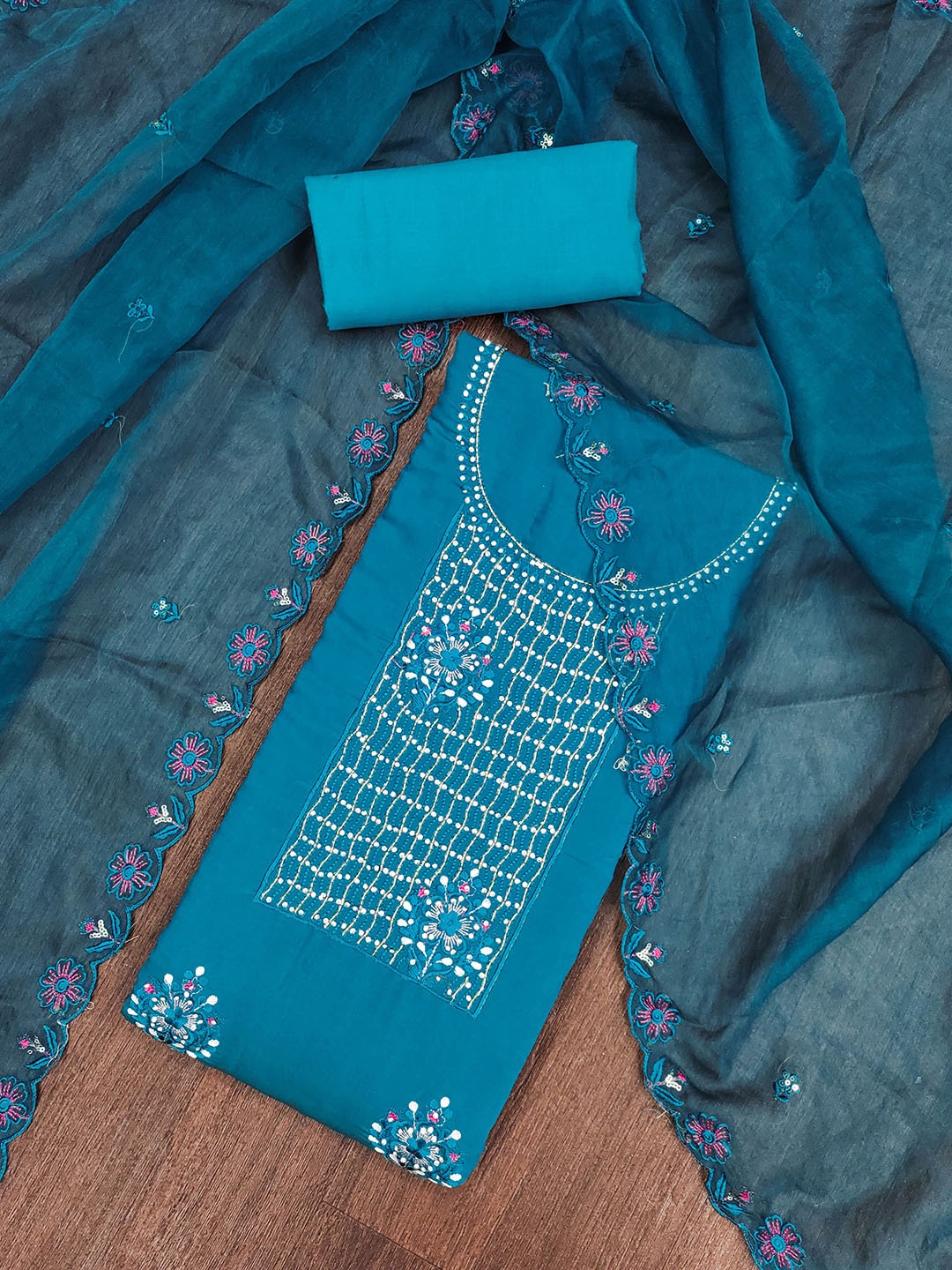

MANVAA Geometric Embellished Beads and Stones Unstitched Dress Material, Blue