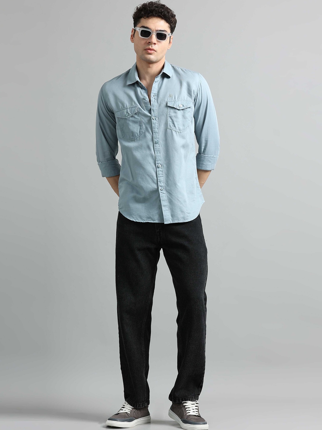 

SORATIA Men Spread Collar Solid Cotton Linen Casual Shirt, Blue