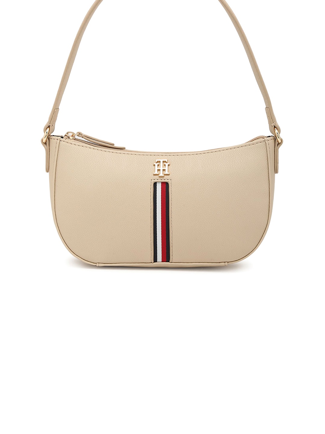 

Tommy Hilfiger Women Brand Logo Printed Half Moon Leather Sling Bag, Beige