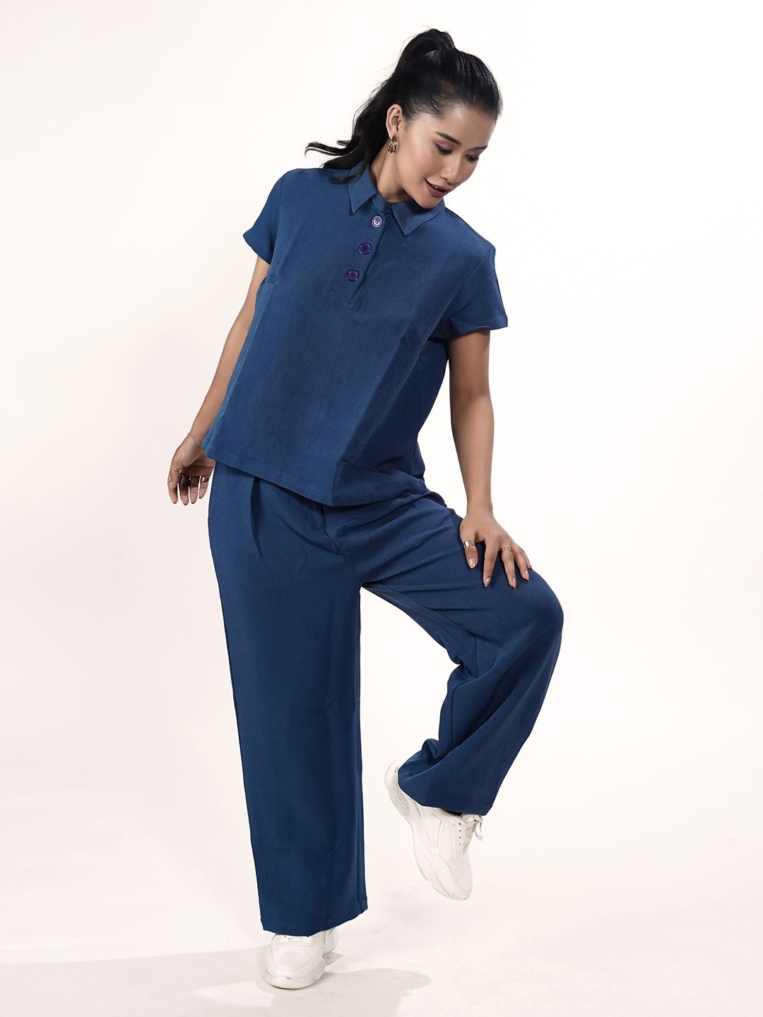 

Zink London Shirt Collar Top With Trousers, Blue