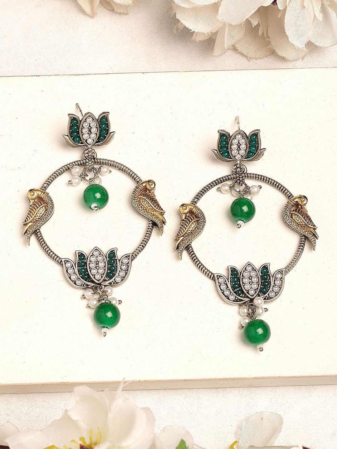 

KARATCART Silver-Plated Kundan Studded Lotus Tribal Drop Earrings