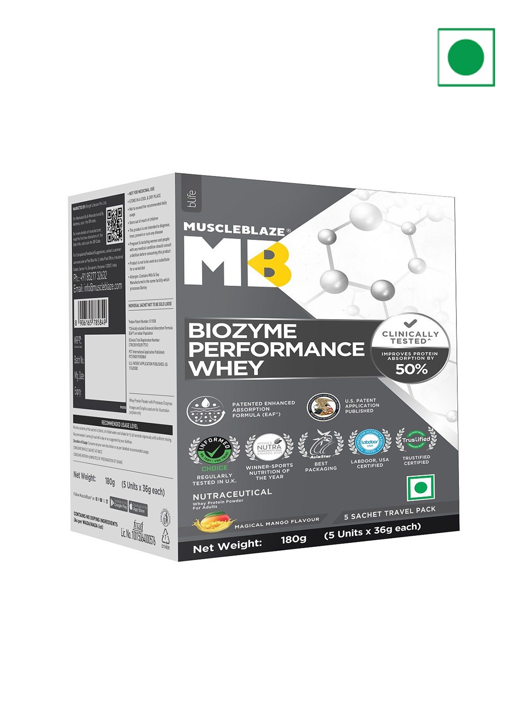 

MuscleBlaze Biozyme Performance Whey Protein - 180 g -Magical Mango Flavor, Yellow