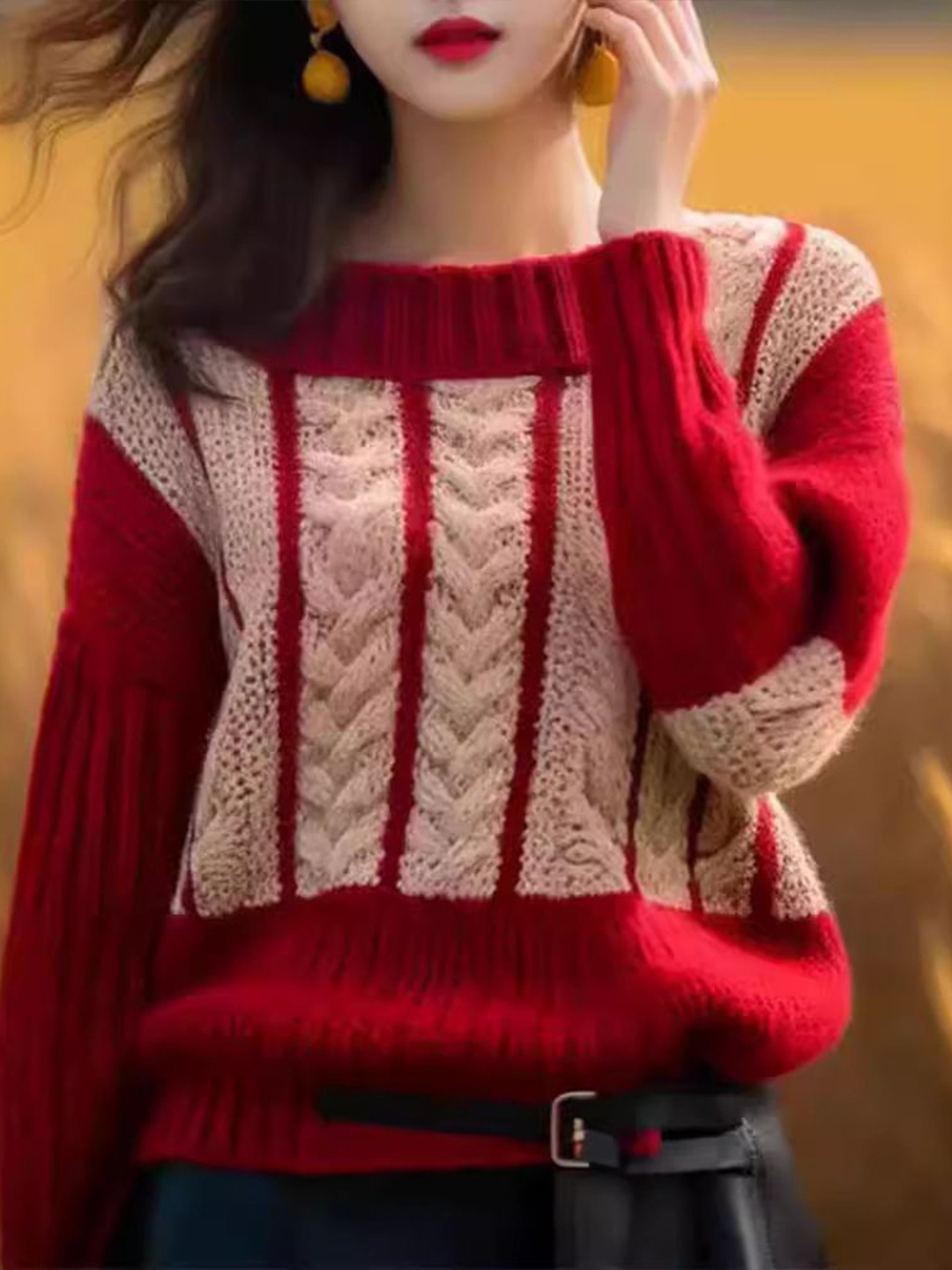 

StyleCast Women Cable Knit Round Neck Pullover Sweater, Red