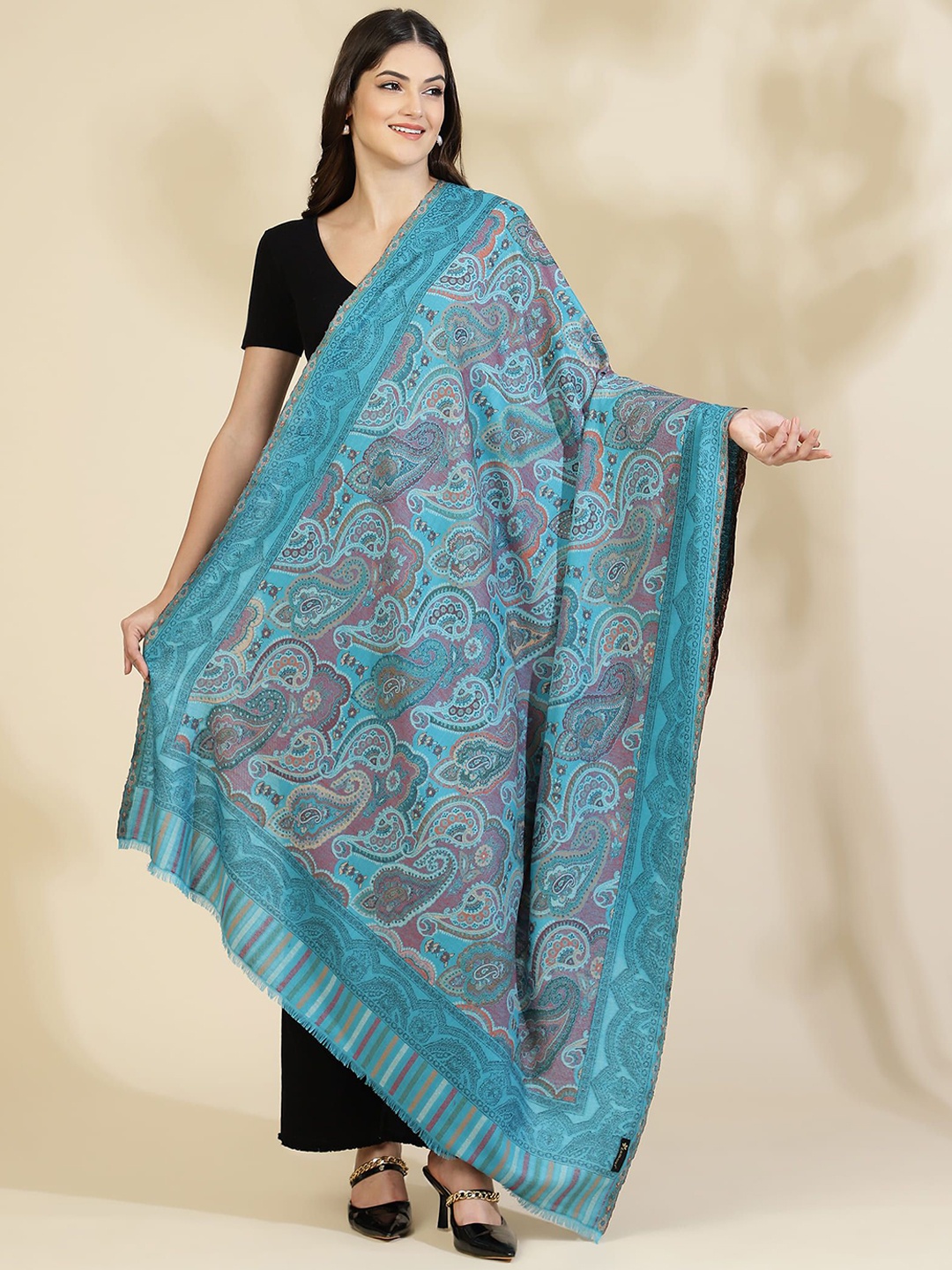 

Zamour Paisley Woven Design Zari Woollen Shawl, Turquoise blue