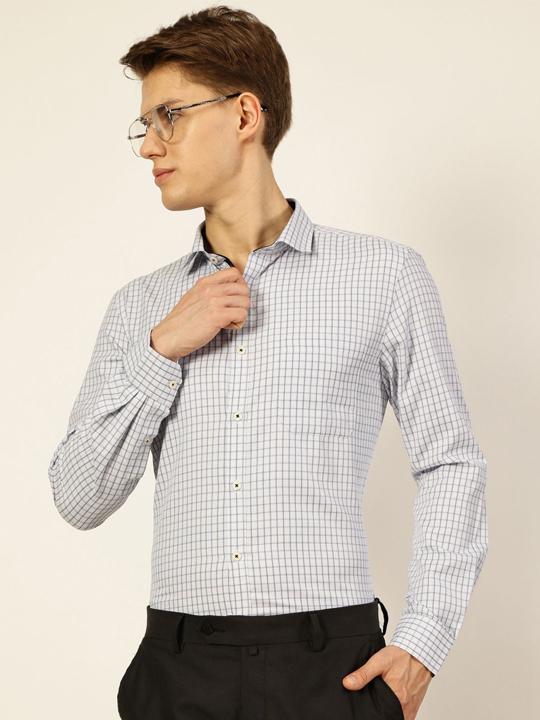 

Thomas Scott Men Smart Cutaway Collar Gingham Checked Cotton Formal Shirt, Blue