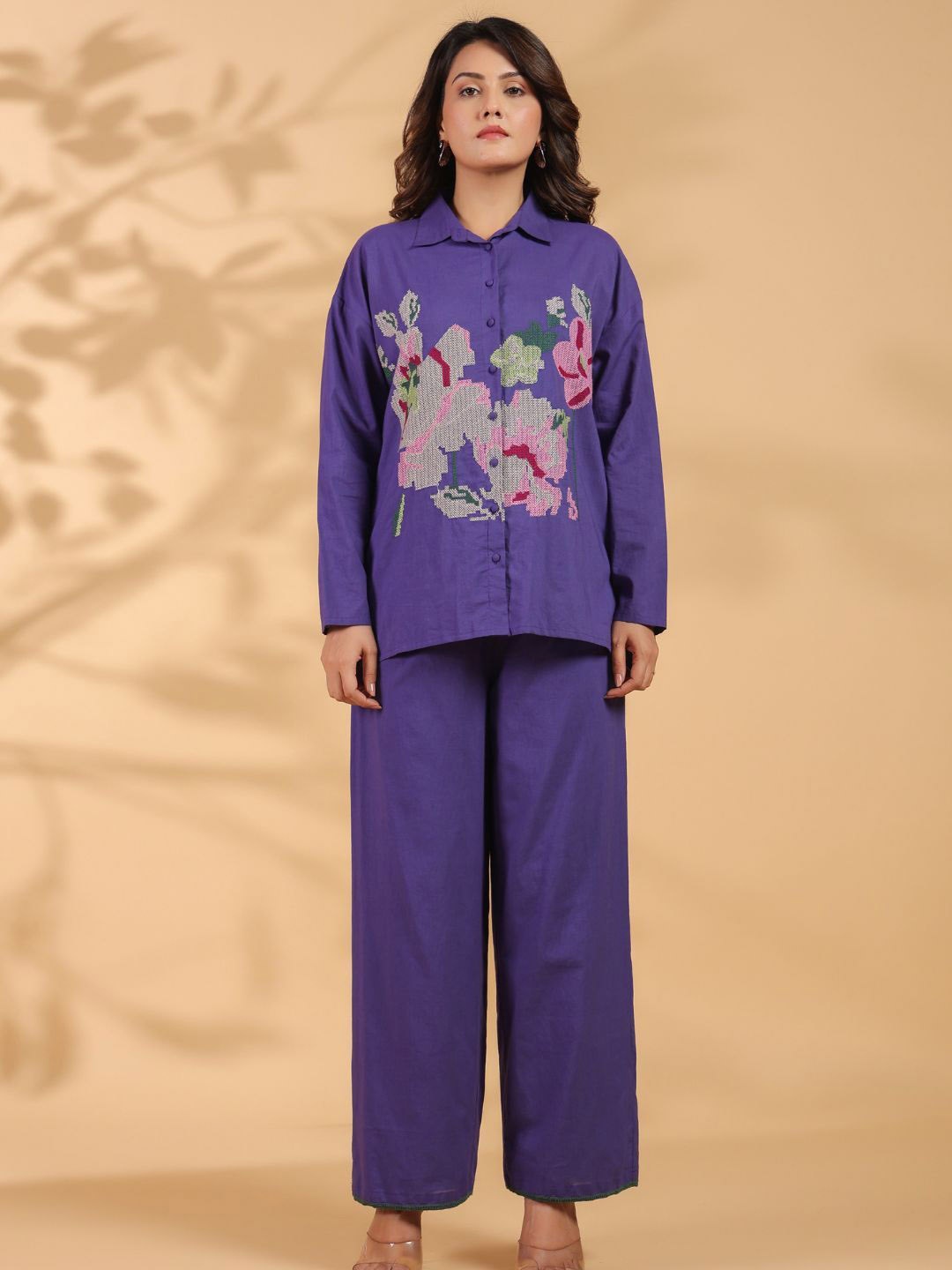 

Zolo Label Floral Embroidered Shirt & Trousers, Purple