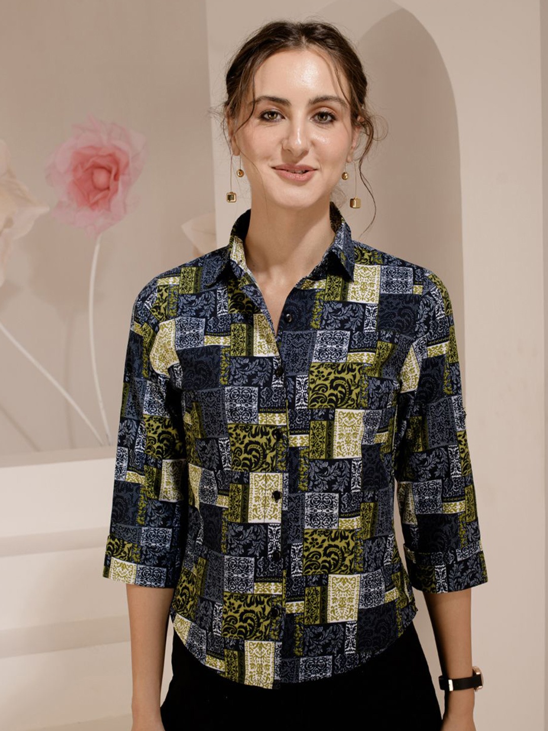 

BAESD Women Standard Spread Collar Floral Printed Casual Shirt, Navy blue