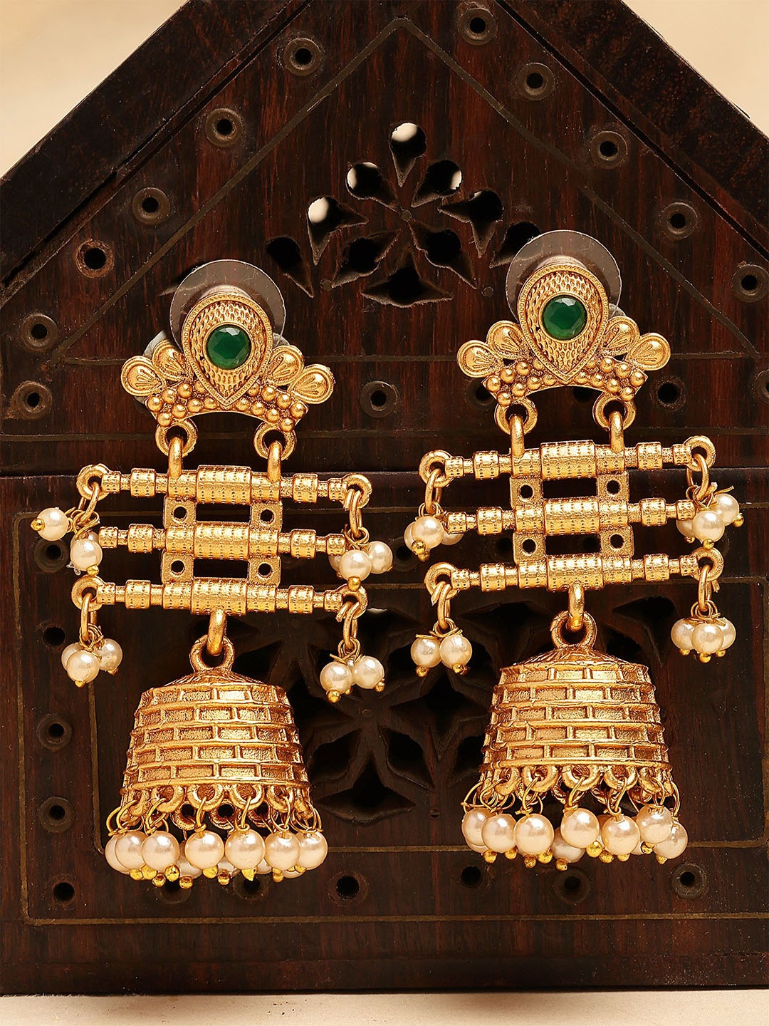 

KARATCART Gold Plated Stone Studded & Beaded Contemporary Antique Drop Earrings