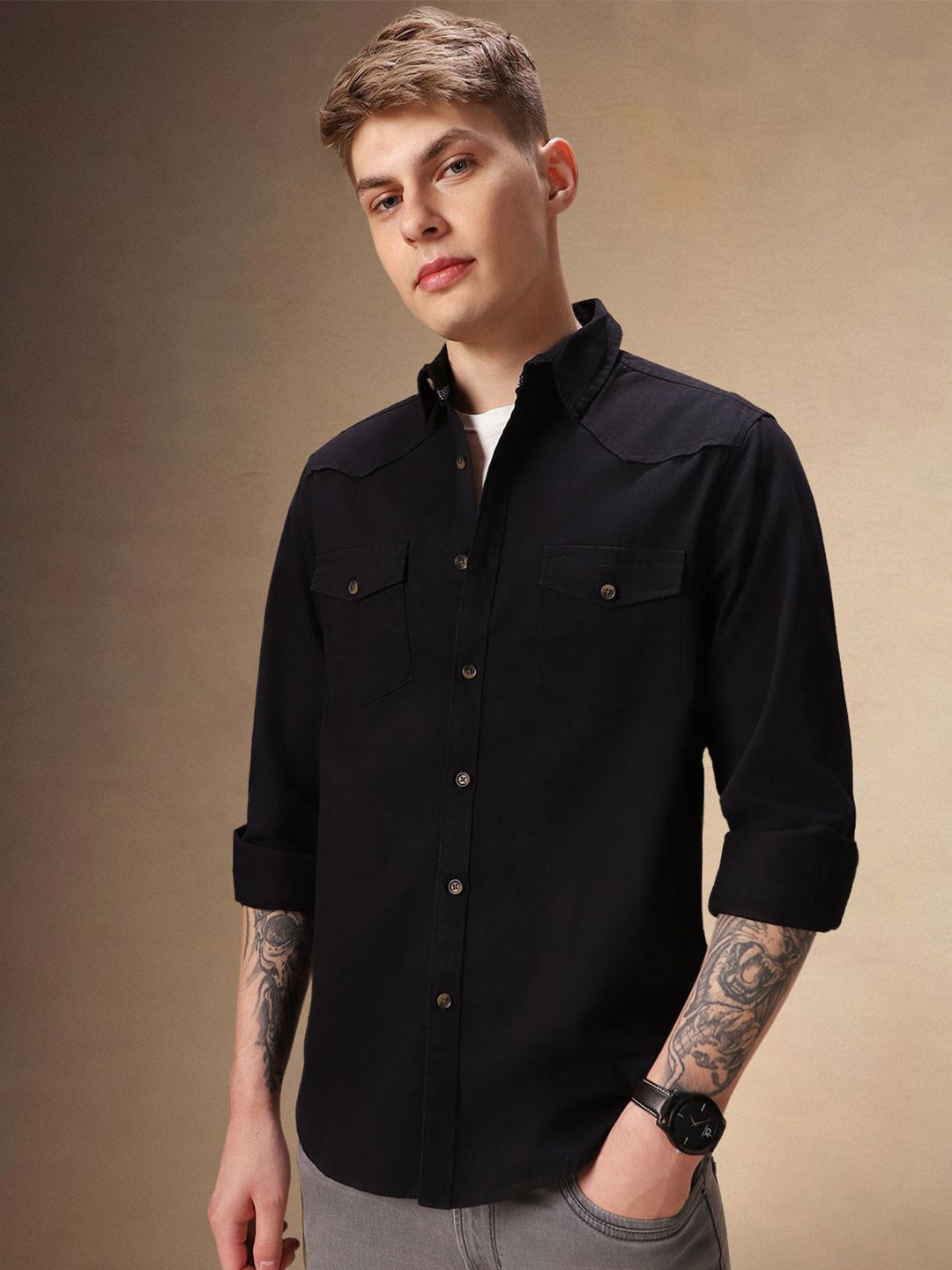 

Dennis Lingo Men Spread Collar Solid Cotton Relaxed Fit Casual Shirt, Black