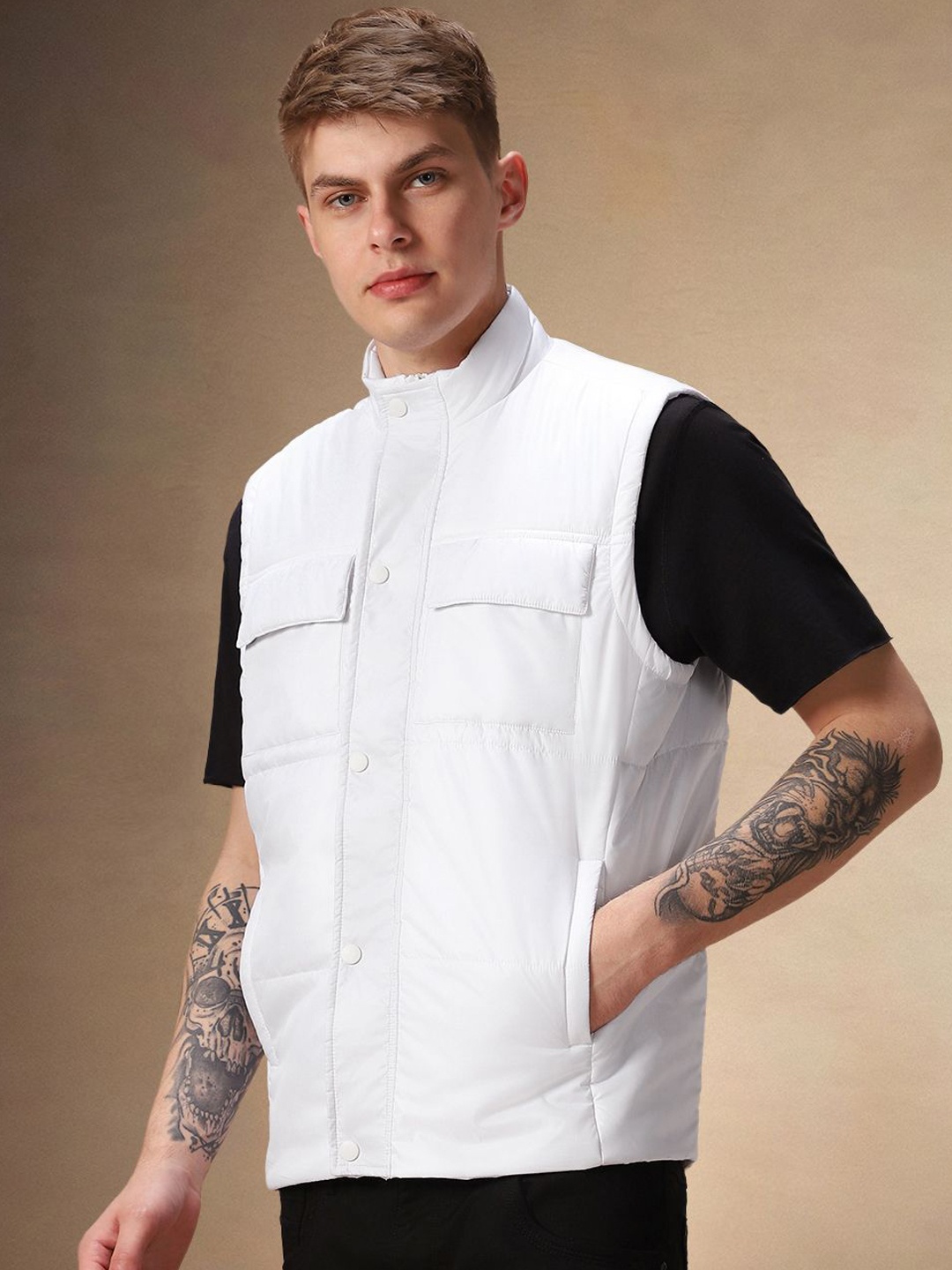 

Dennis Lingo Men Mock Collar Solid Casual Puffer Jacket, White