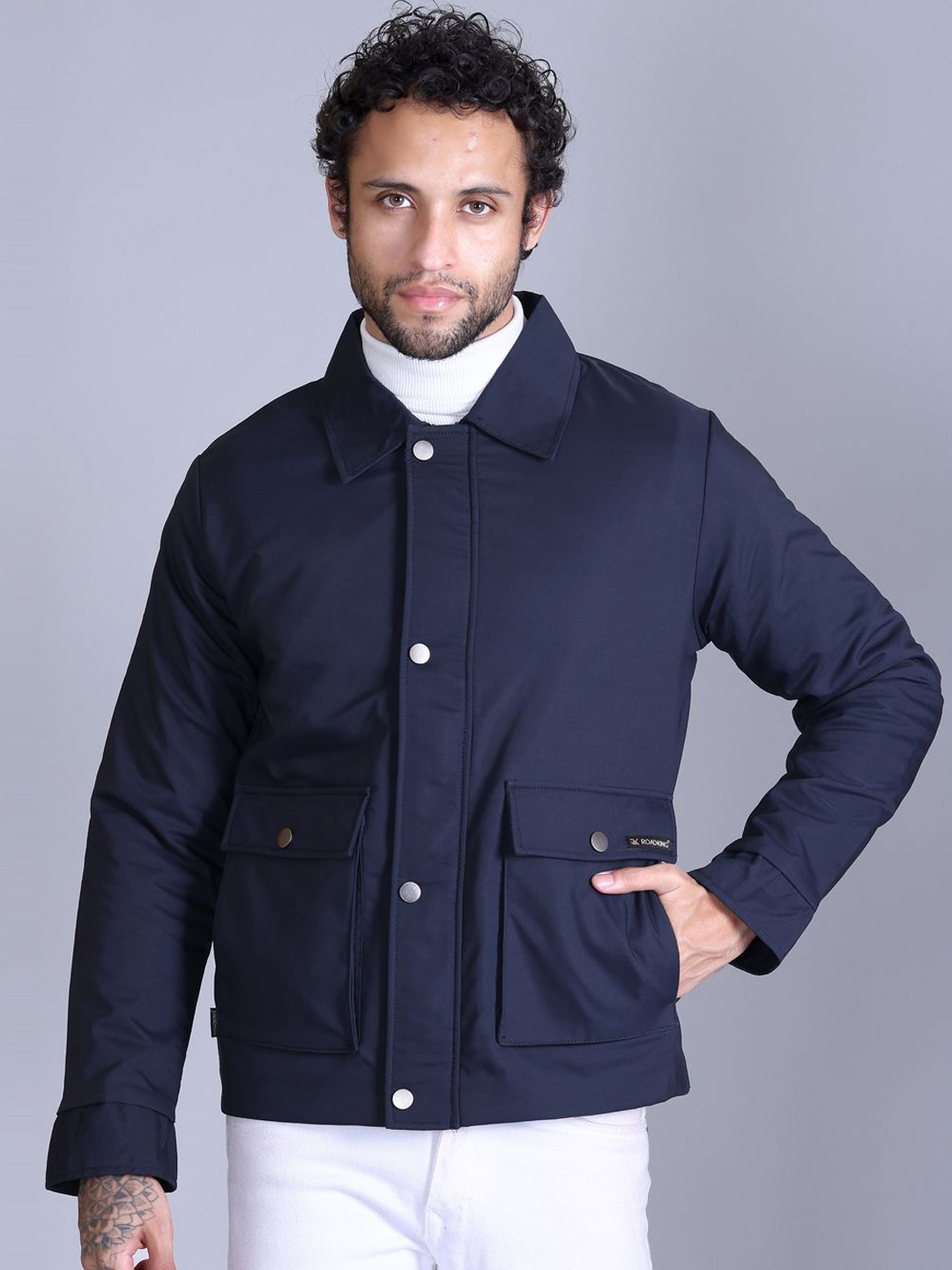 

Roadking Men Spread Collar Solid Casual Padded Jacket, Navy blue