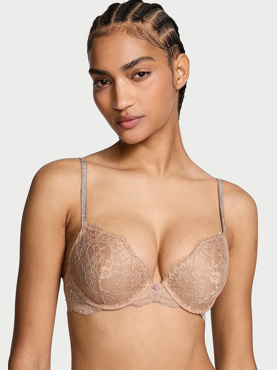 

Victoria's Secret Floral Medium Coverage Underwired Lightly Padded Push-Up Bra, Beige