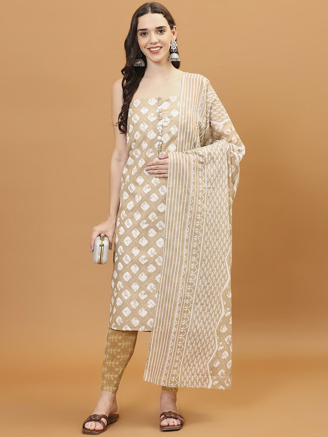 

Meena Bazaar Geometric Printed Unstitched Dress Material, Brown