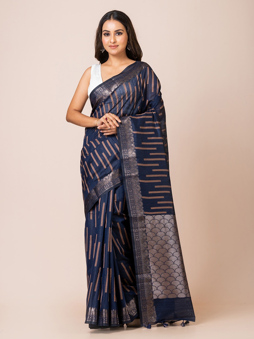 

KAVVYA Woven Design Striped Banarasi Saree, Navy blue