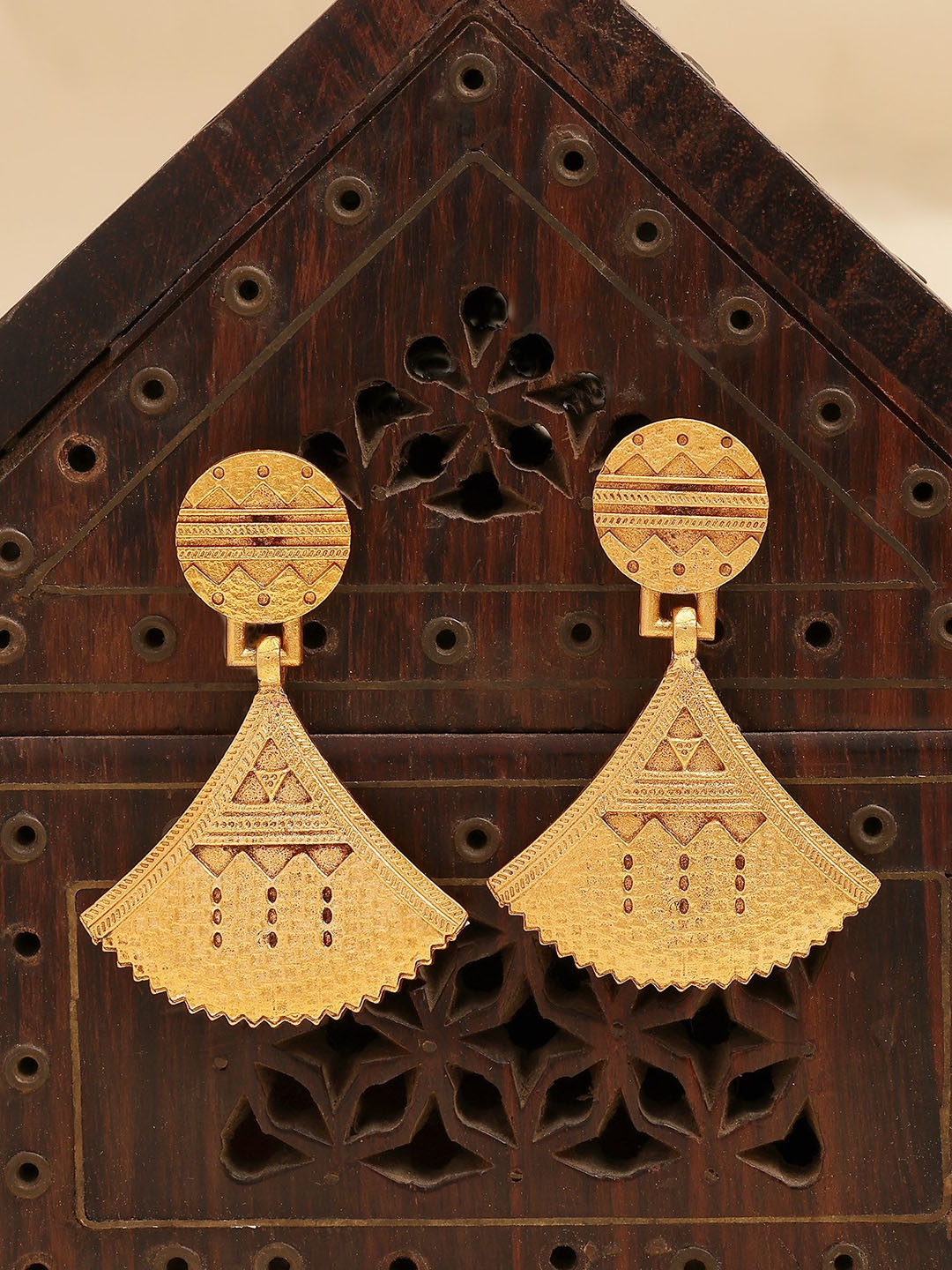 

KARATCART Antique Gold Plated Engraved Tribal Drop Earrings