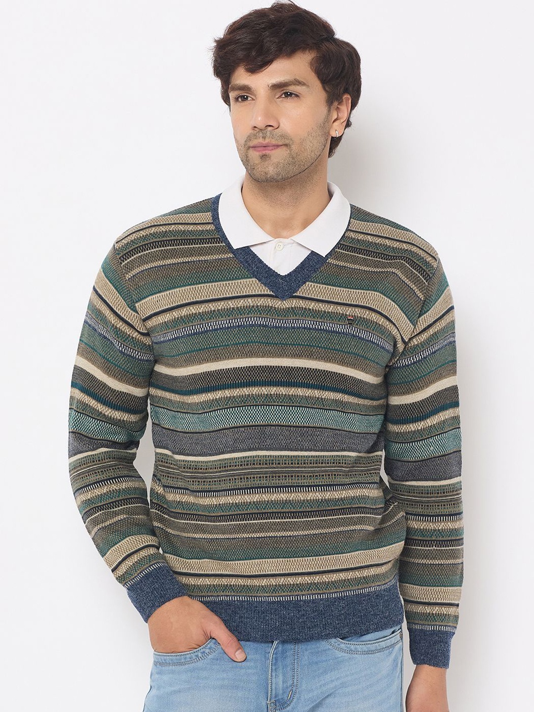 

Duke Men V-Neck Striped Pullover, Green