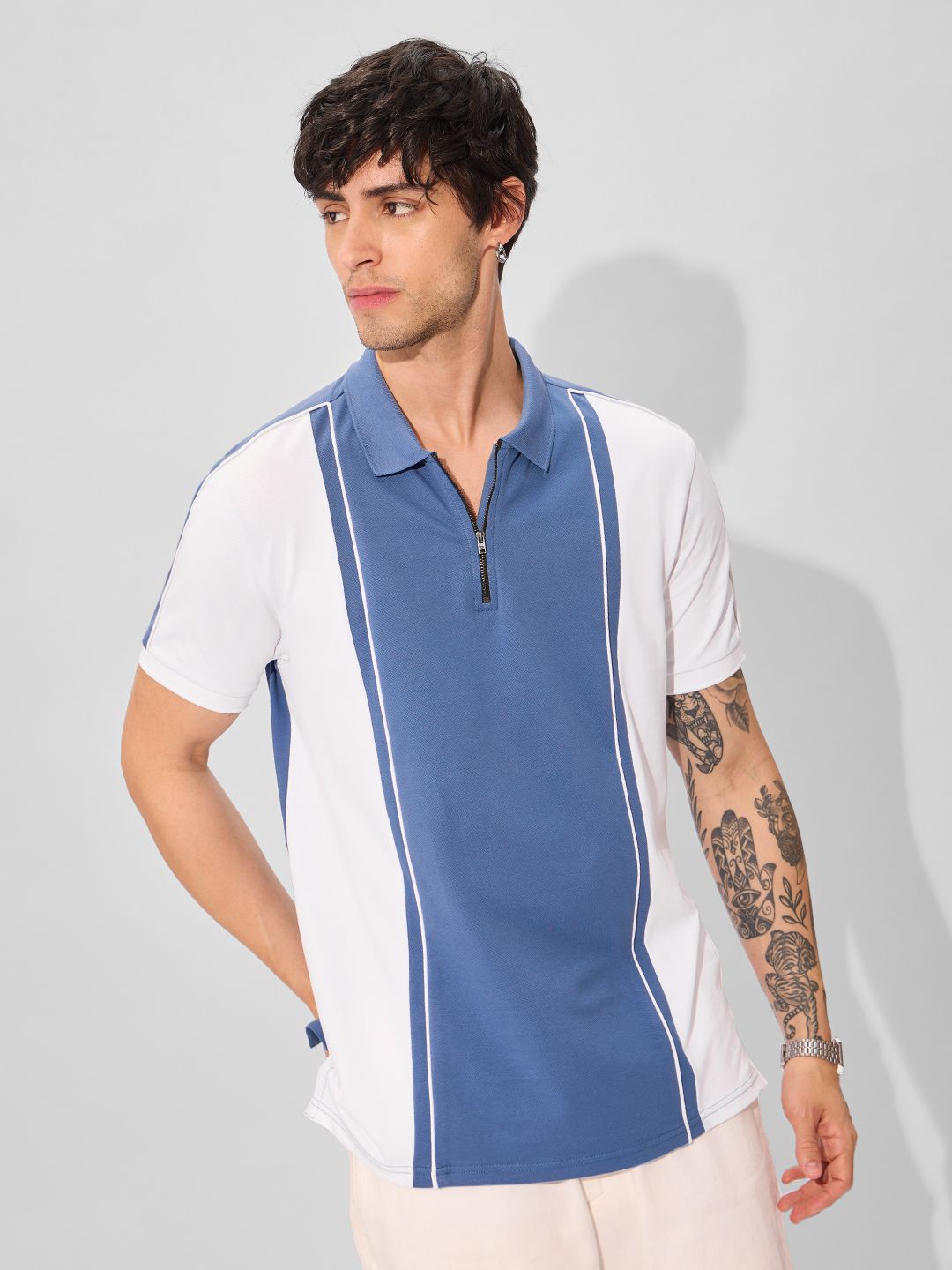

The Souled Store Men Colourblocked Polo Collar Cotton T-shirt, Blue