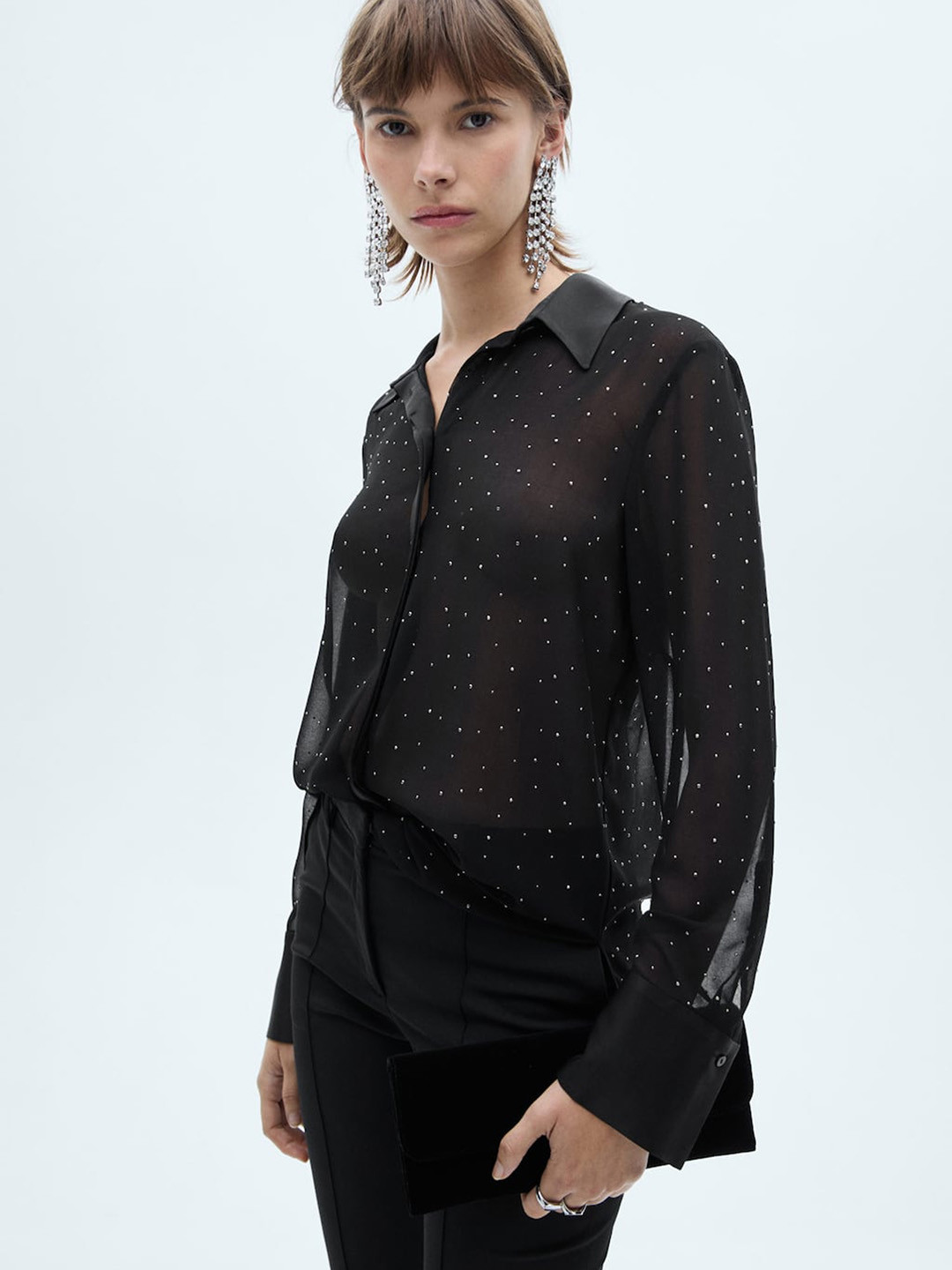 

MANGO Embellished Semi Sheer Casual Shirt, Black