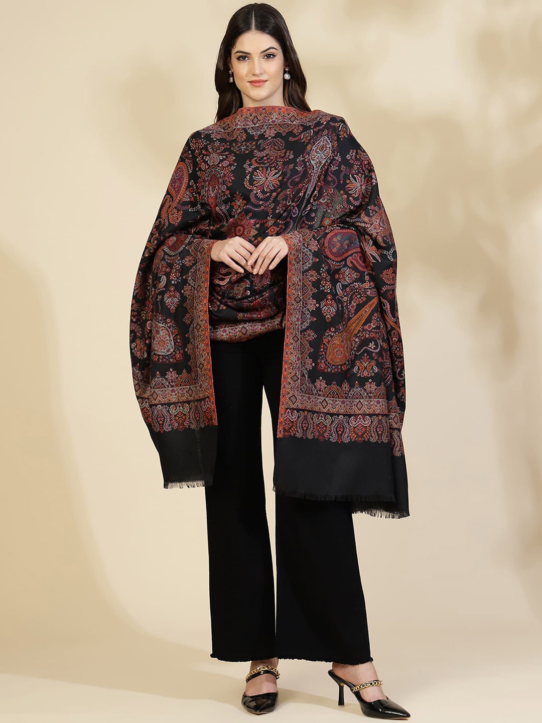 

Zamour Paisley Woven Design Woollen Shawl, Black