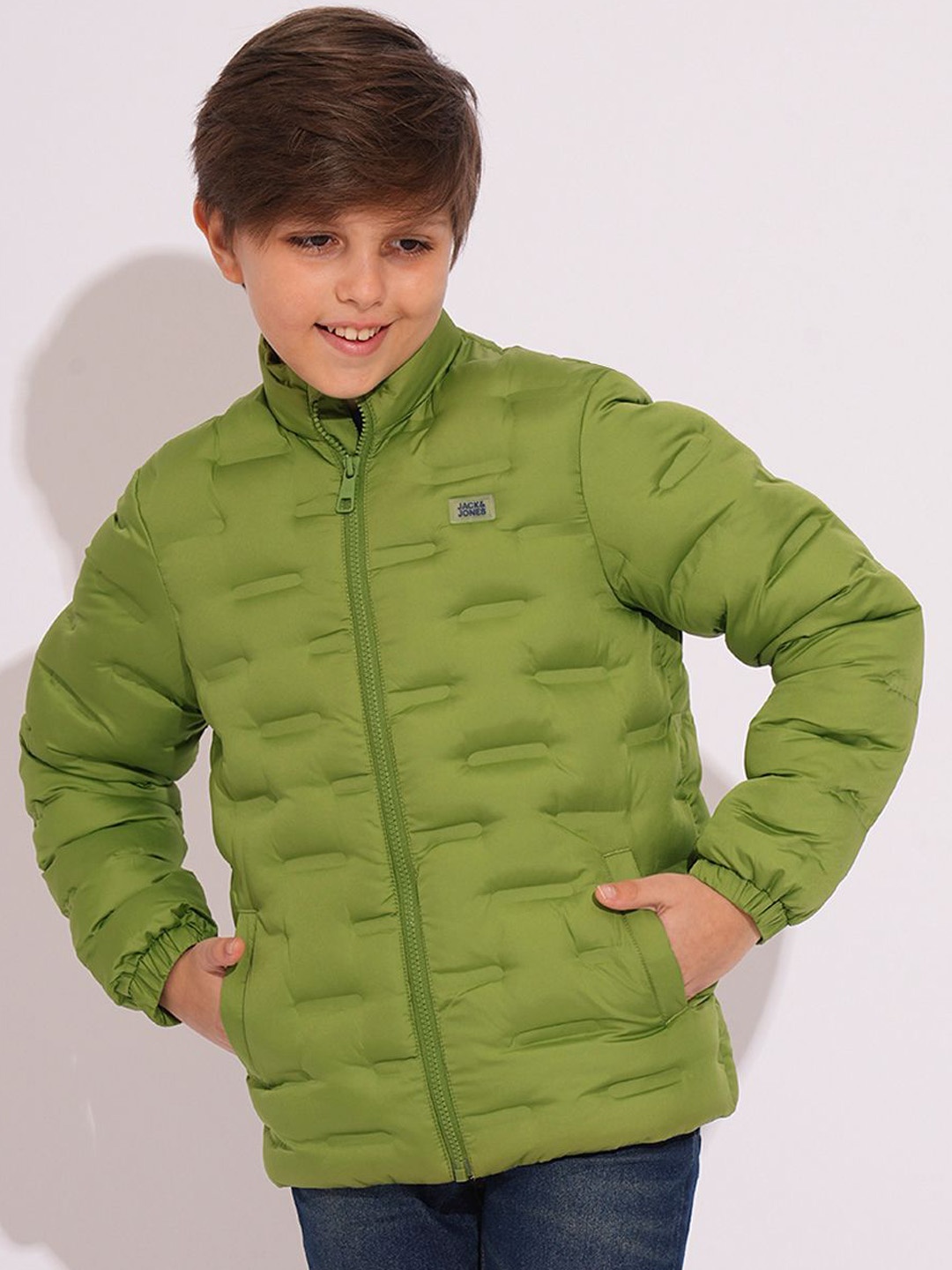 

Jack & Jones Junior Boys Mock Collar Solid Casual Puffer Jacket, Green