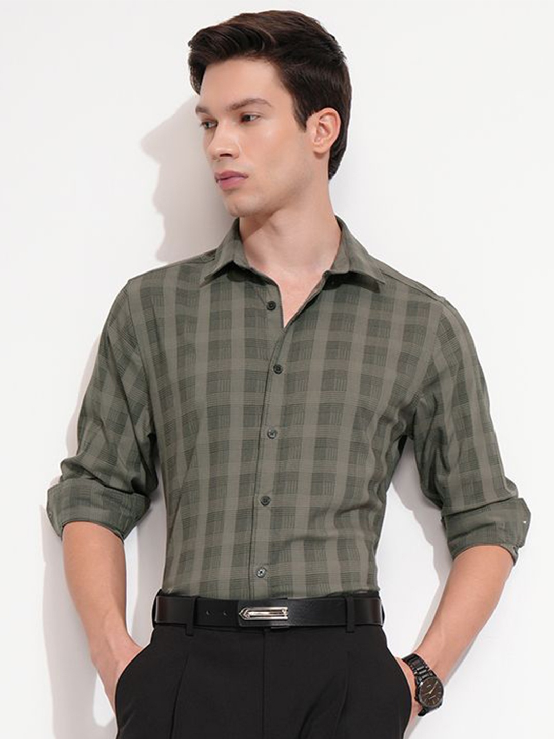 

Highlander Men Olive Dobby Textured Solid Day Occasion Shirt