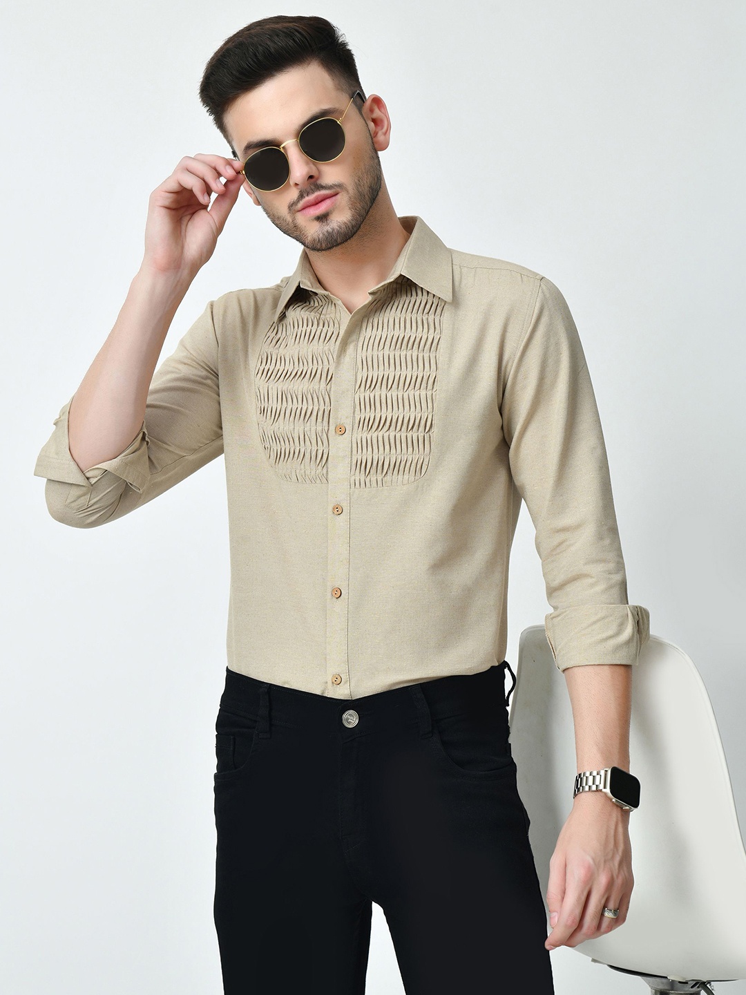

AMBI Men Standard Spread Collar Textured Cotton Casual Shirt, Beige