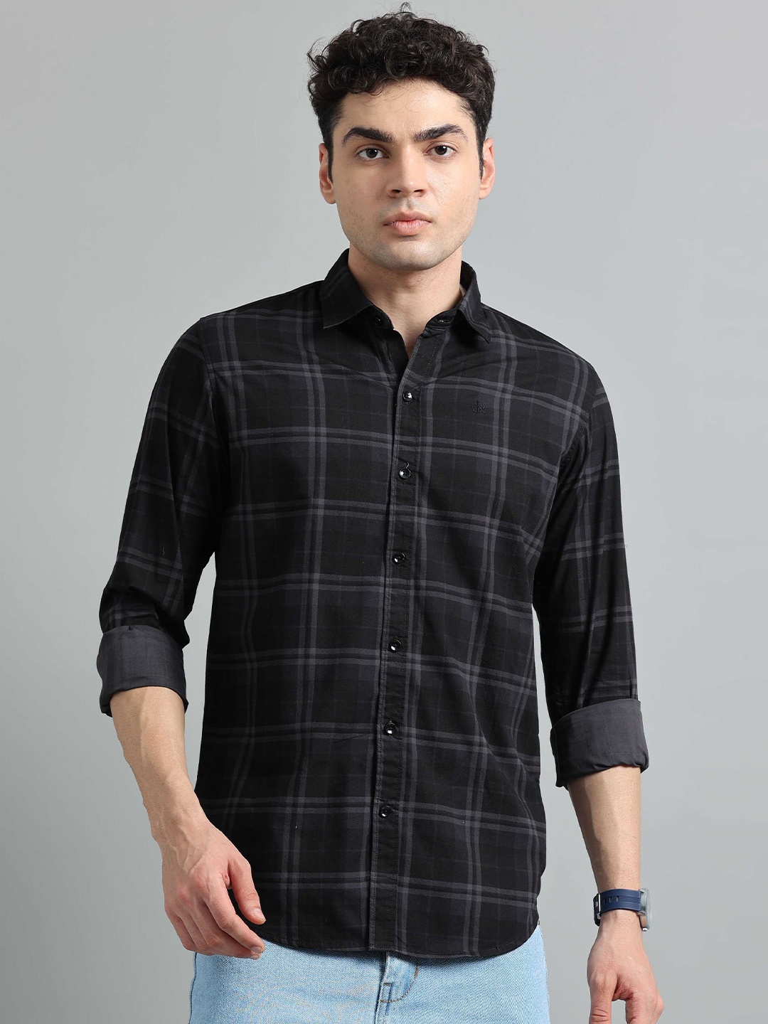 

SORATIA Men Spread Collar Tartan Checked Cotton Casual Shirt, Black