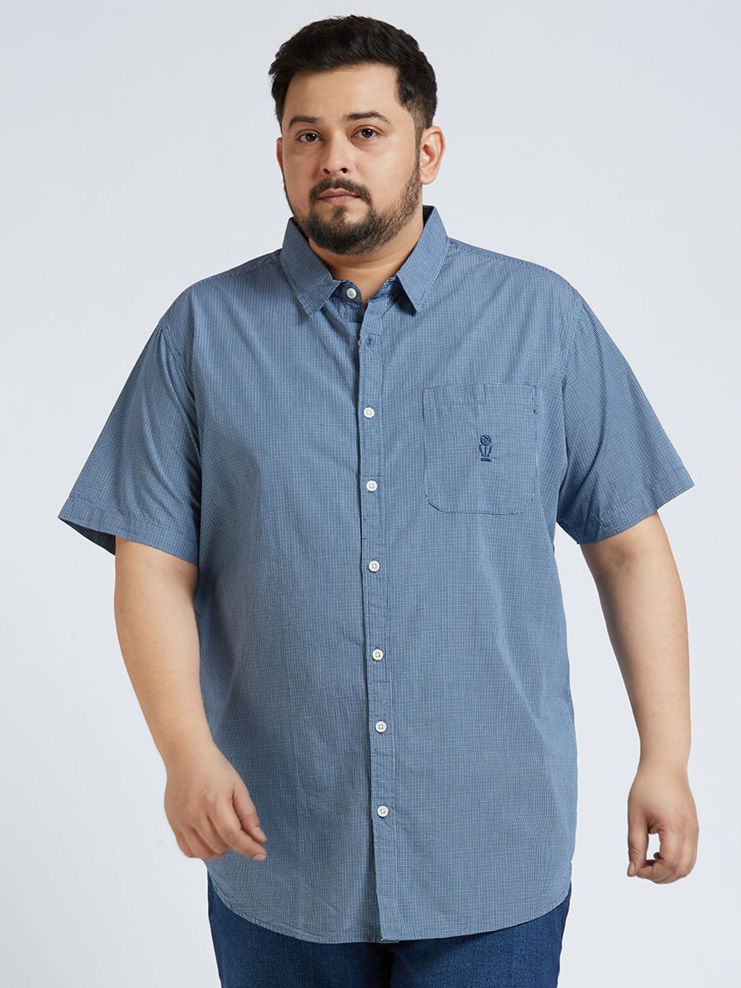 

Thomas Scott Men Plus Size Premium Spread Collar Micro Checked Cotton Casual Shirt, Navy blue