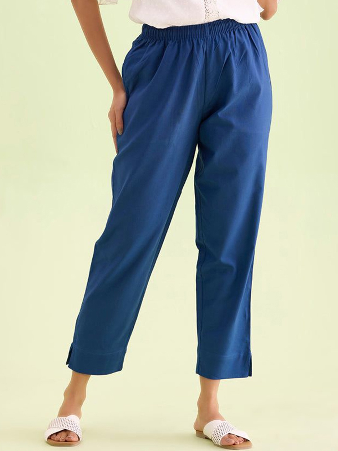 

IndianRang Women Relaxed Straight Leg Mid-Rise Cropped Cotton Trousers, Blue