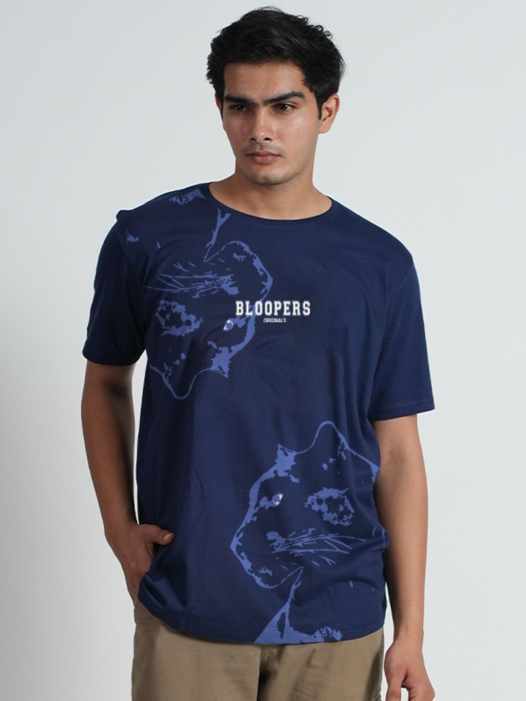 

Bloopers Store Men Animal Printed Round Neck Cotton Oversized T-shirt, Navy blue
