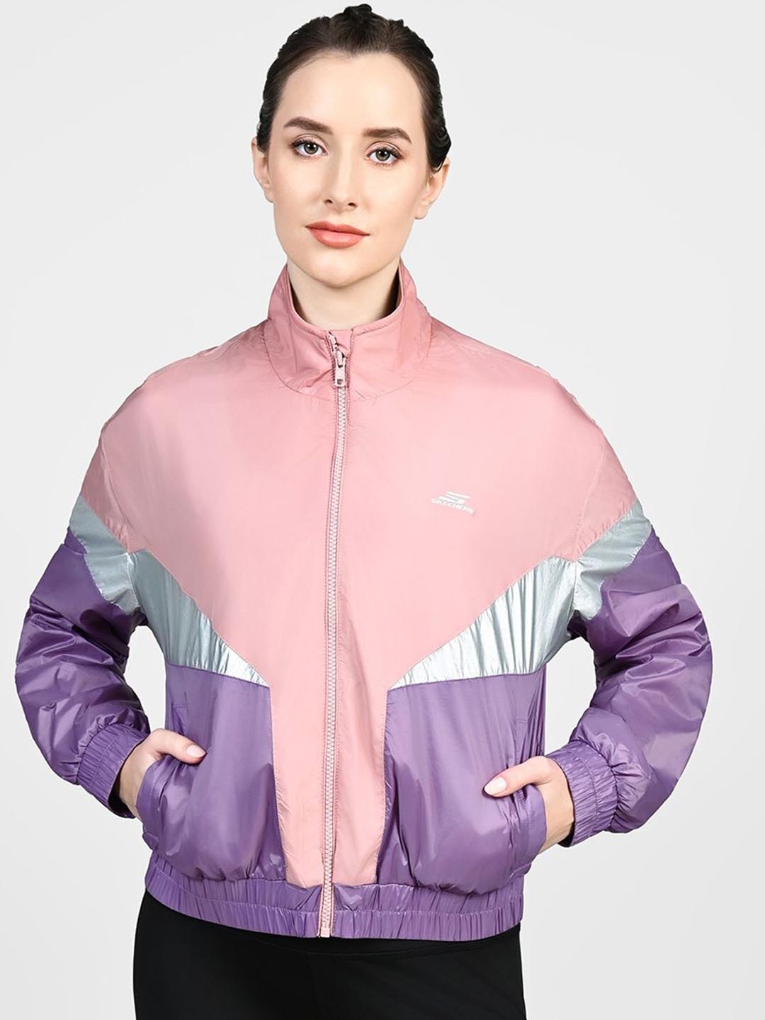 

Skechers Women Mock Collar Colourblocked Casual Bomber Jacket, Purple