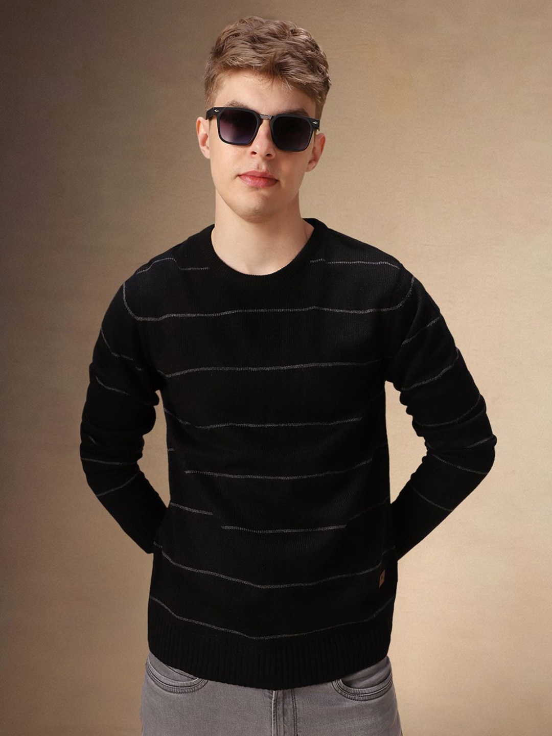 

Dennis Lingo Men Striped Round Neck Log Sleeves Pullover, Black