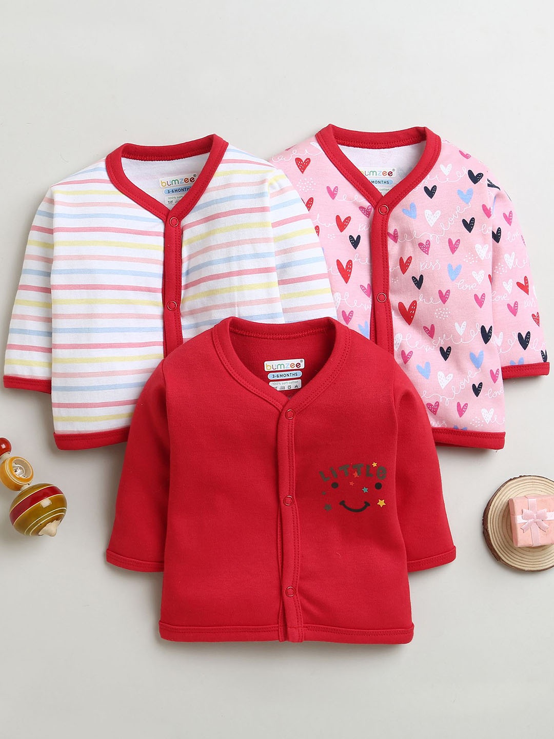 

BUMZEE Girls Pack Of 3 Printed Cotton Jablas, Red