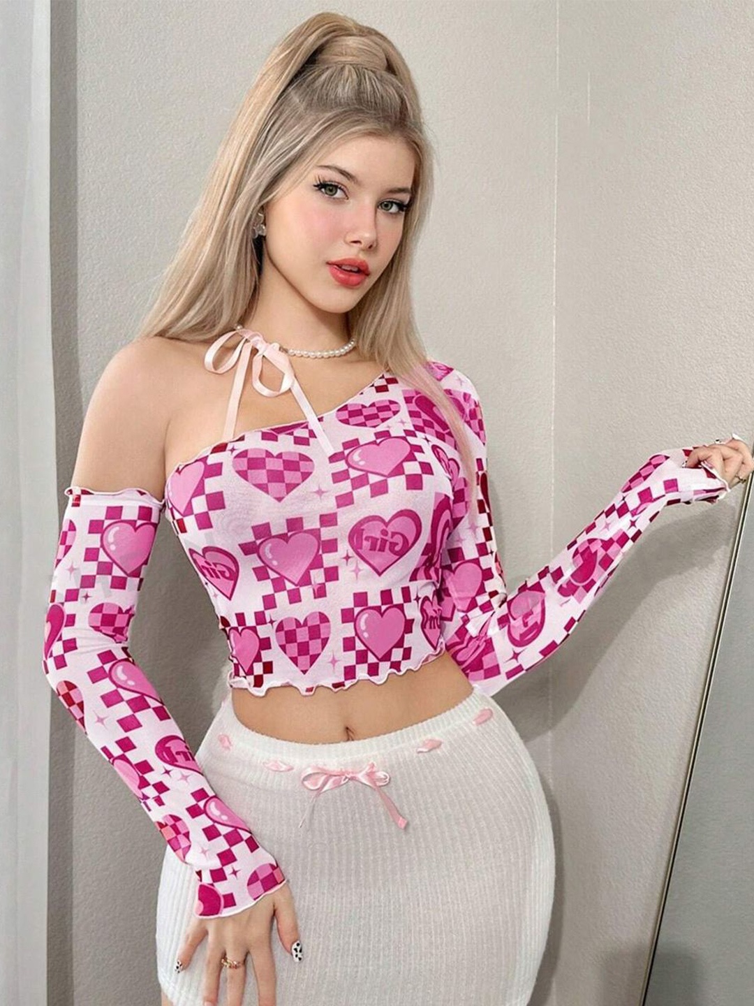 

BAESD Printed One Shoulder Crop Top, Pink