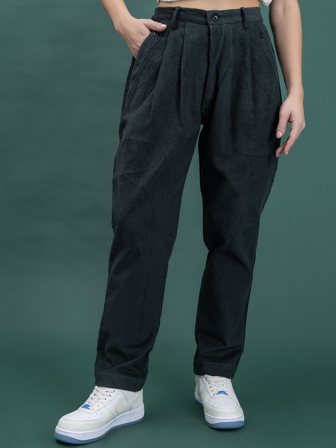 

Lounge Dreams Women Relaxed Loose Fit Corduroy Trousers, Green