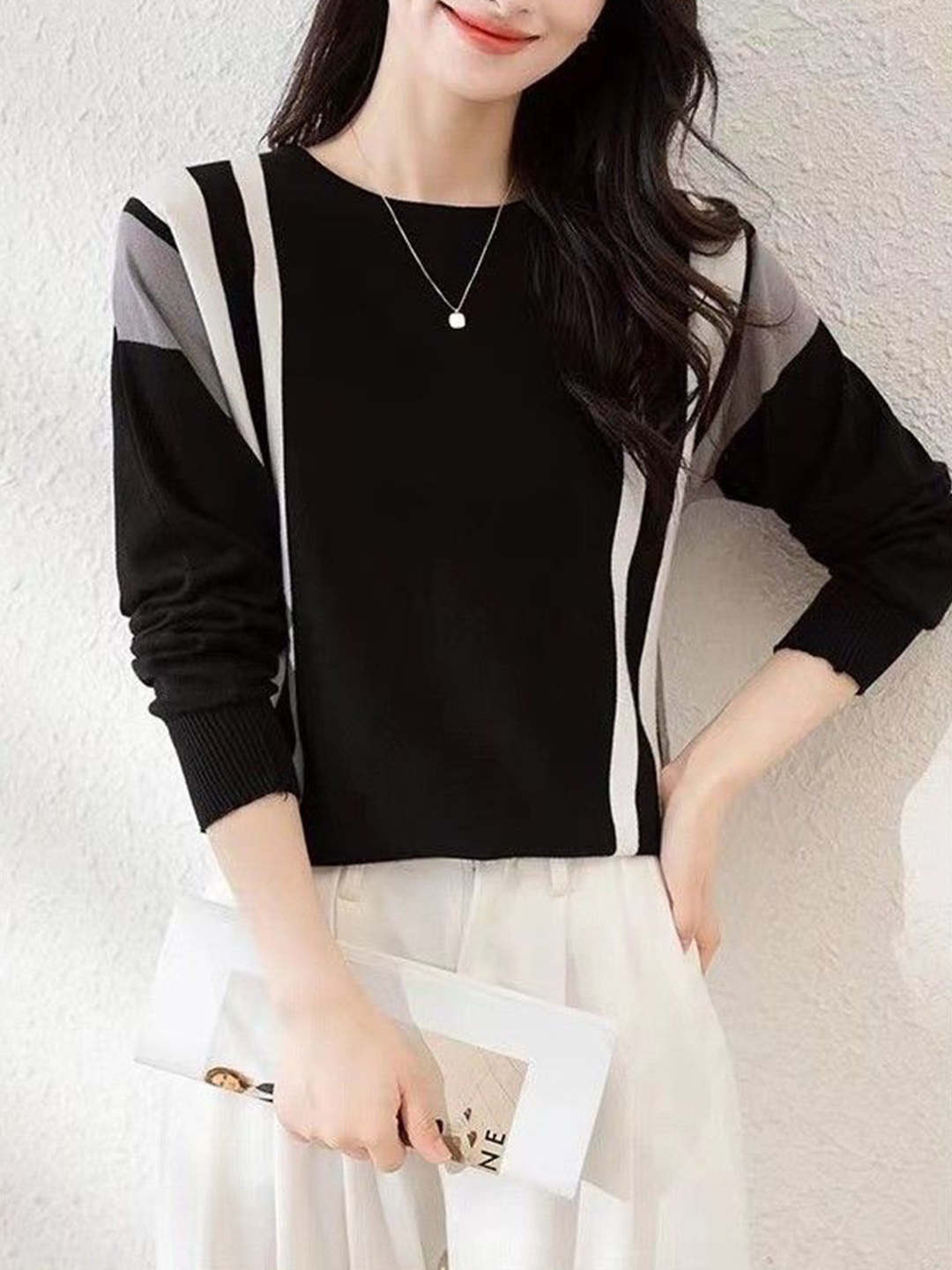 

StyleCast Women Striped Round Neck Pullover Sweater, Black