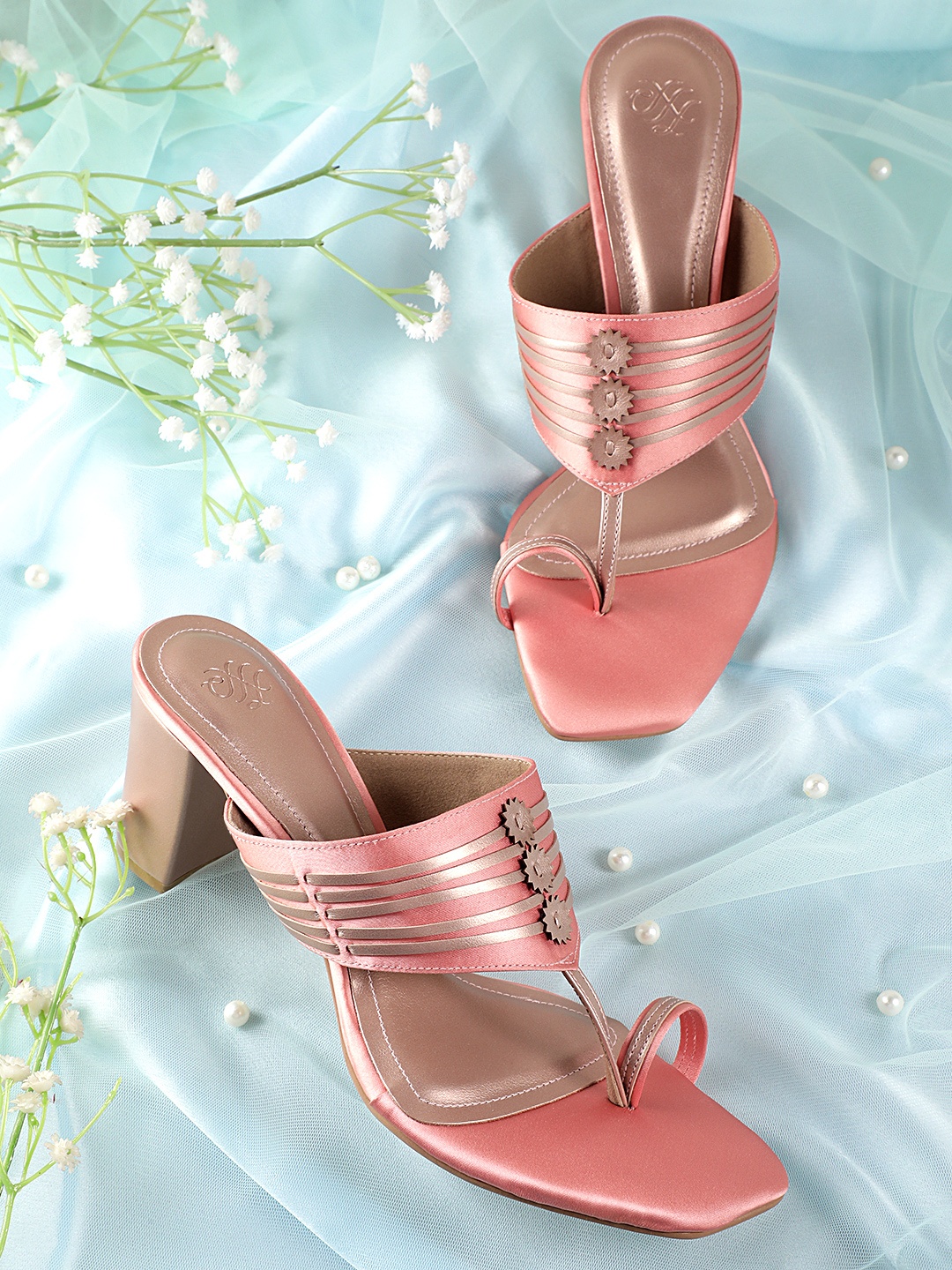 

House of Pataudi Open Toe Striped Block Heels, Peach