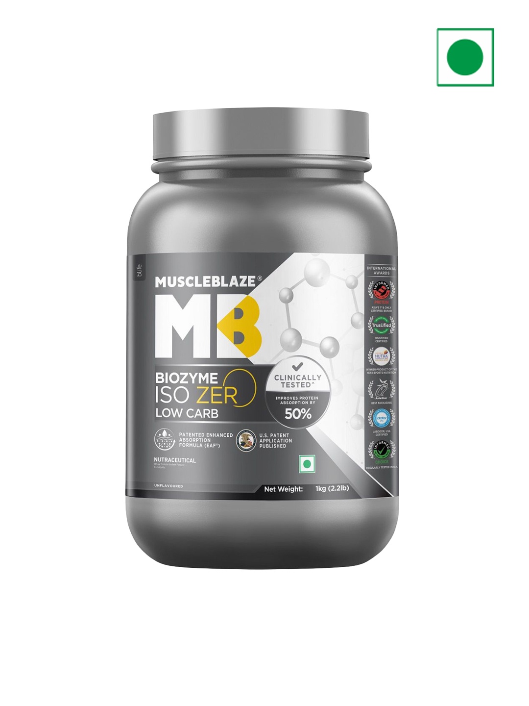 

MuscleBlaze Biozyme Iso-Zero Low Carb 100% Pure Isolated Whey Protein - 1kg - Unflavored, White