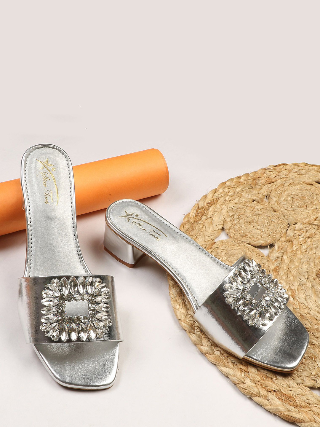 

STARTOES Embellished Block Heel Sandals, Silver