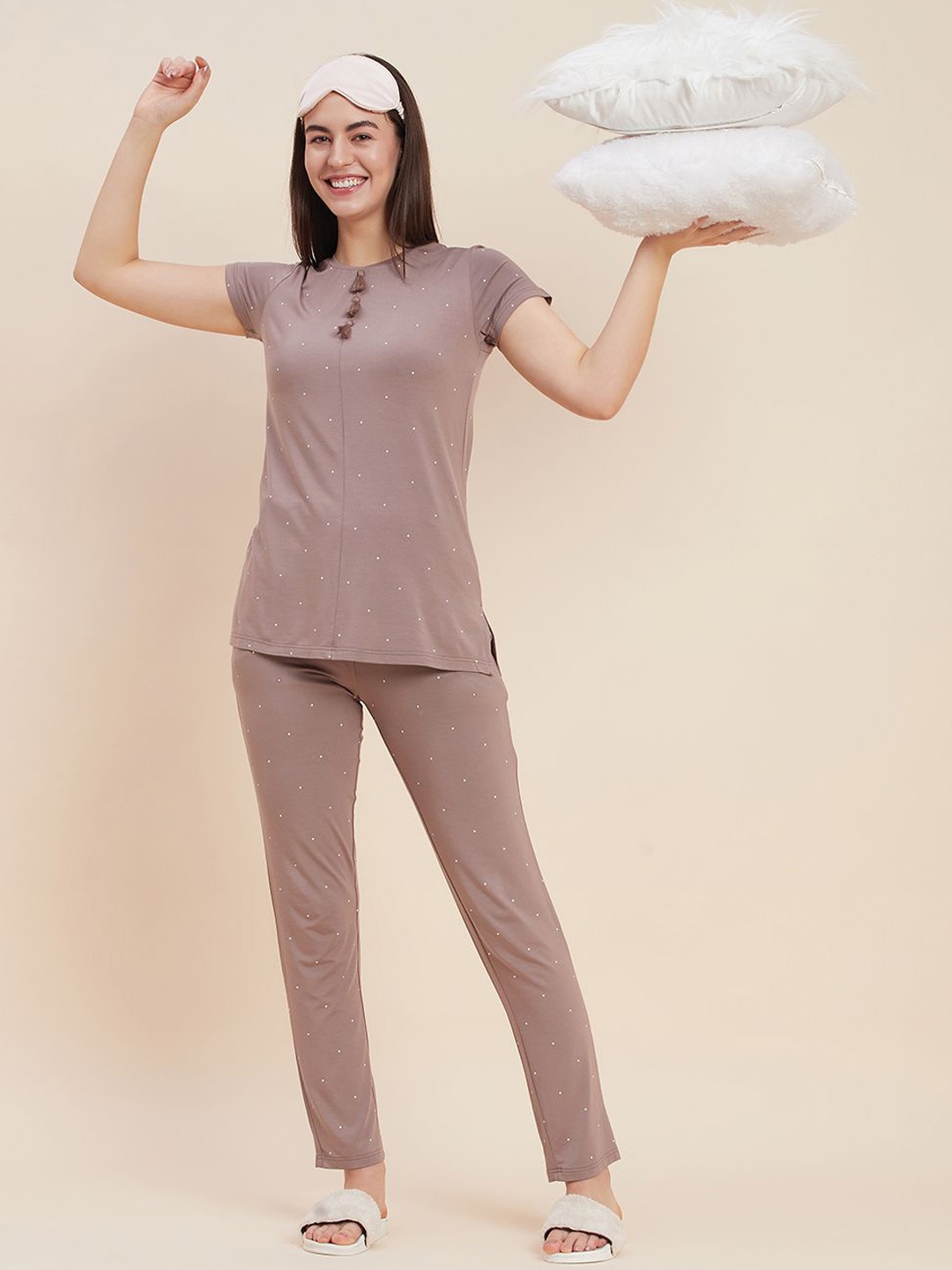 

Sweet Dreams Women Printed Round Neck Short Sleeves Night suit, Taupe