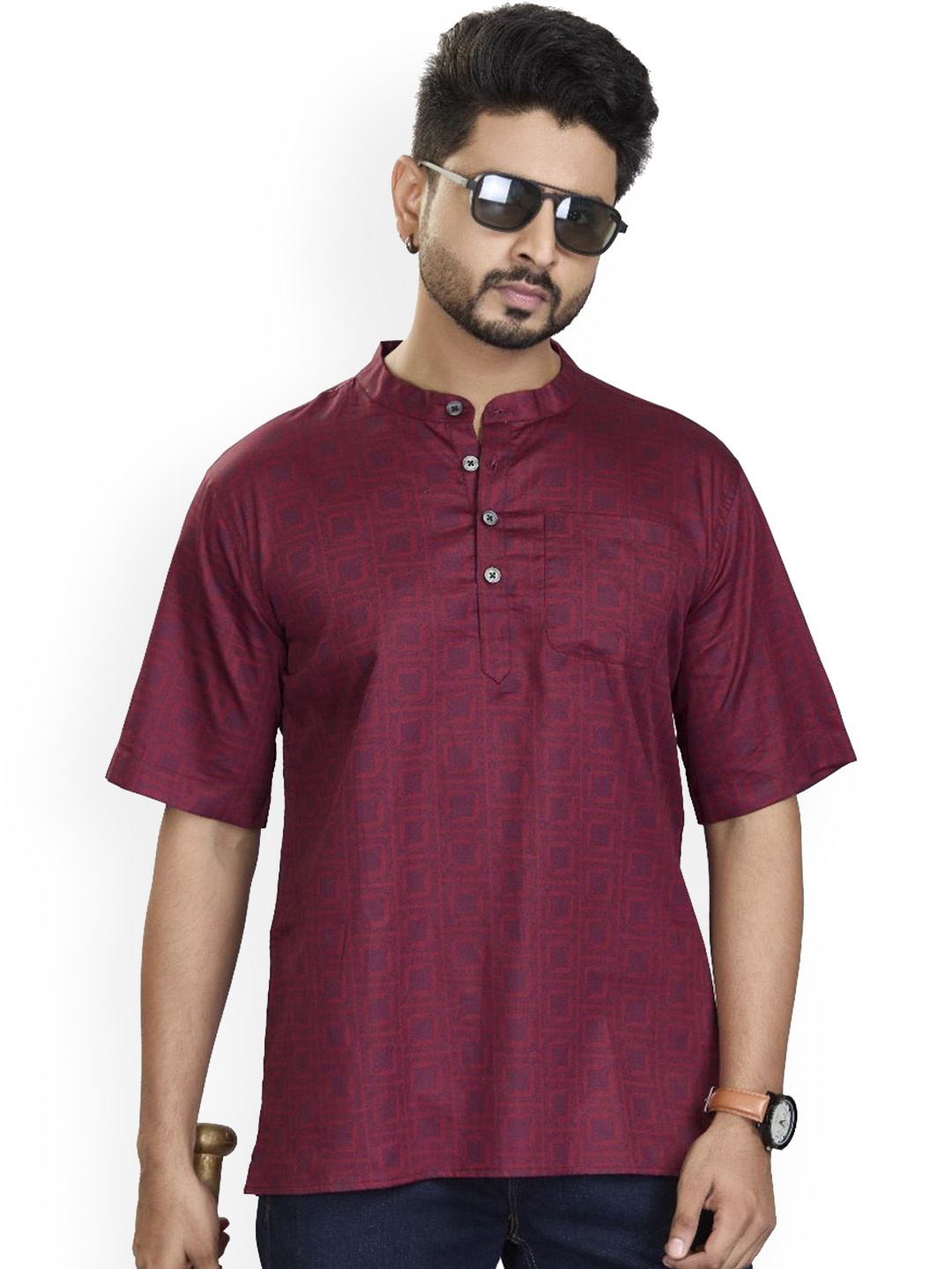 

Authentics Block Printed Mandarin Collar Cotton Satin Short Kurta, Maroon