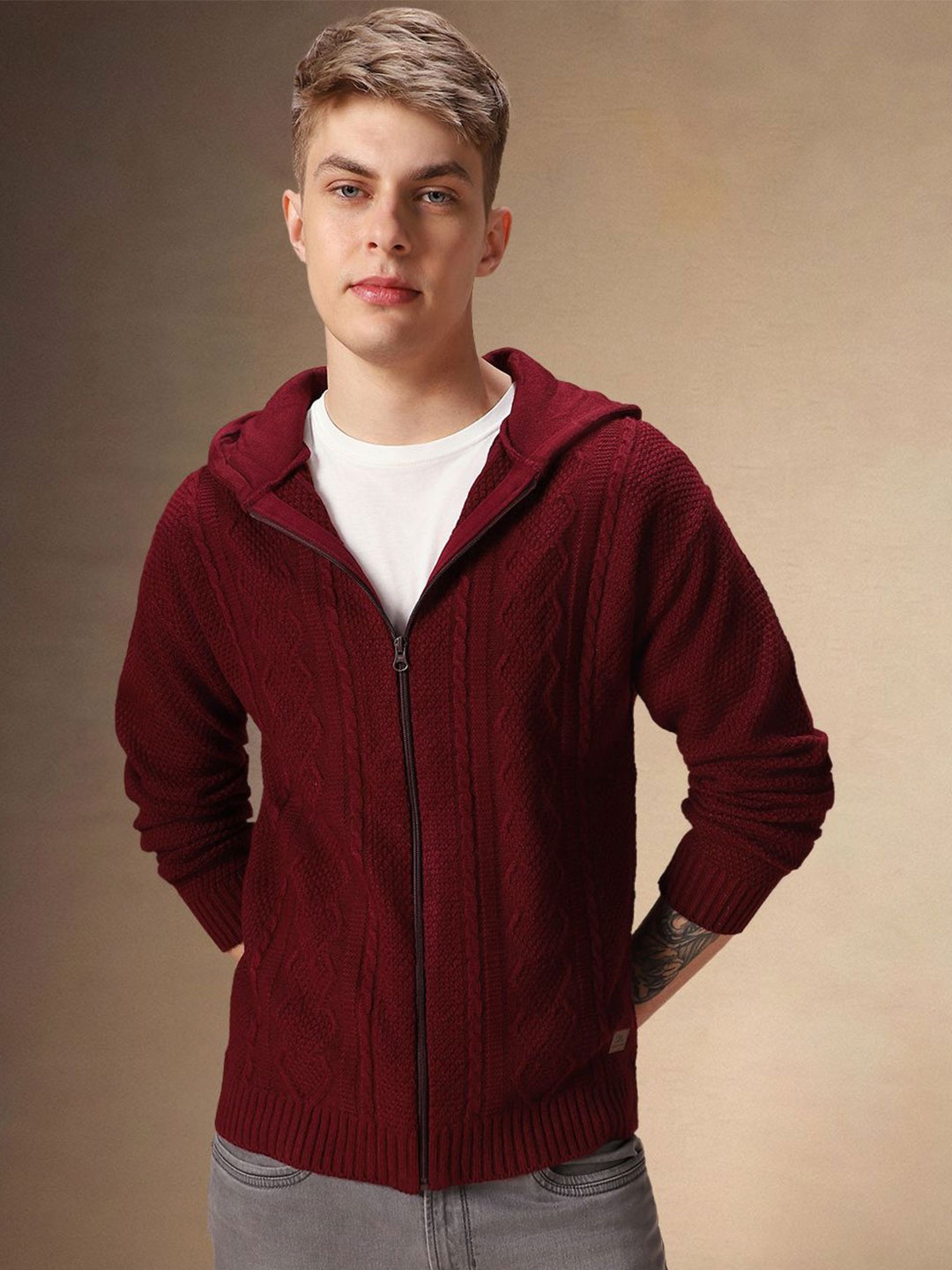 

Dennis Lingo Men Acrylic Cable Knit Hooded Cardigan, Maroon