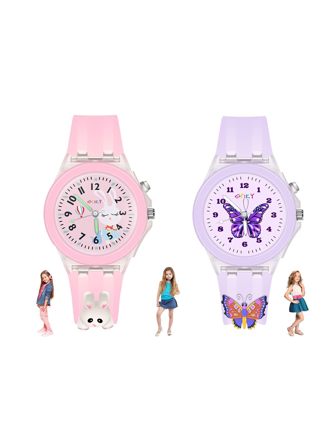 

Spiky Kids 3D Cartoon Light Dial & Embellished Straps Analogue Watch Combo_RabButterfly, Pink