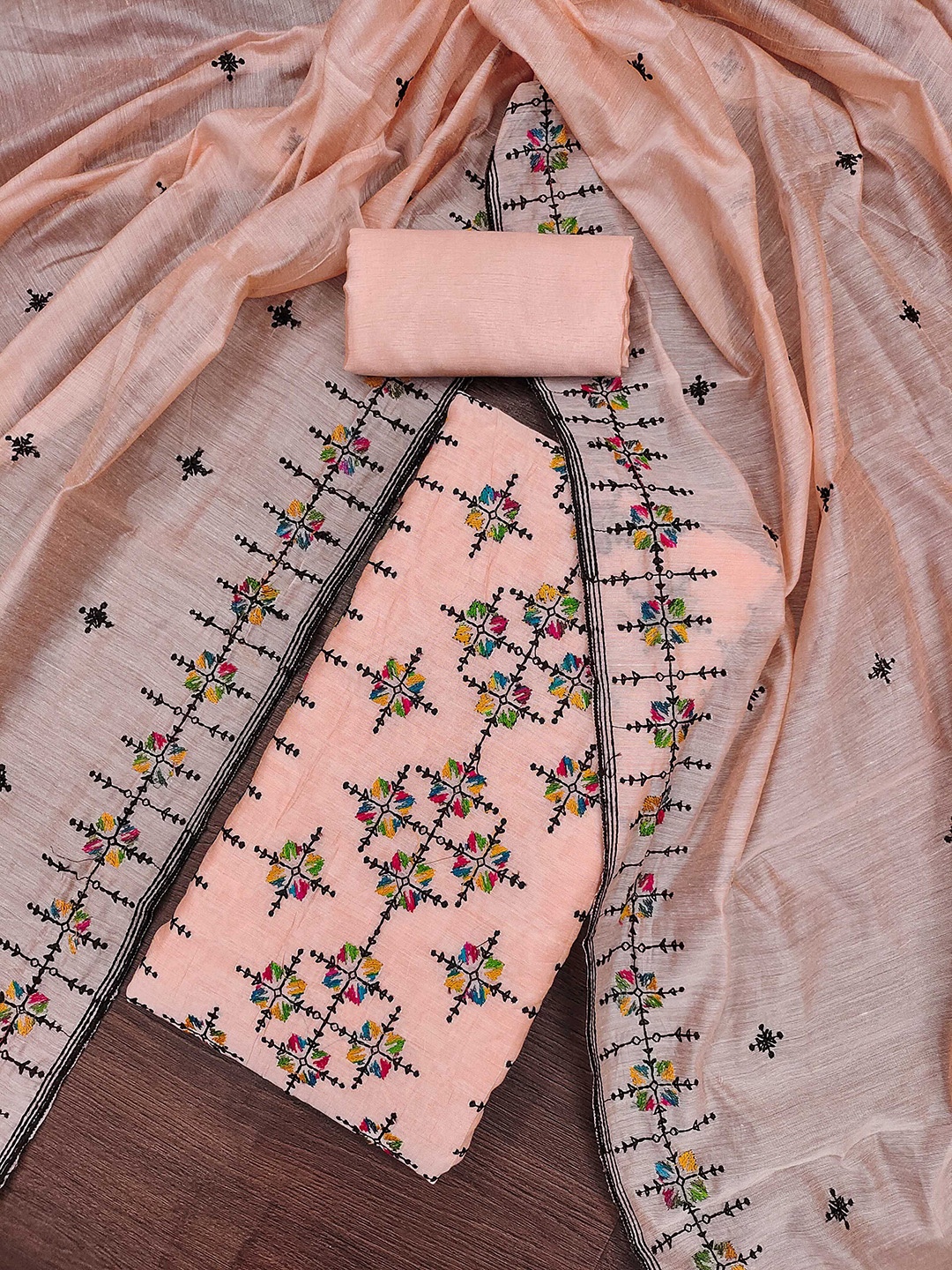 

MANVAA Floral Embellished Unstitched Dress Material, Peach