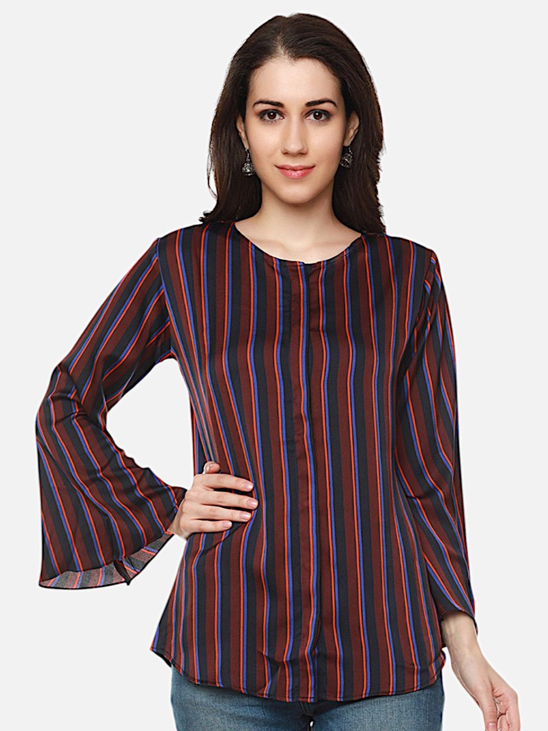 

Biyu Women Striped Bell Sleeve Shirt Style Top, Maroon