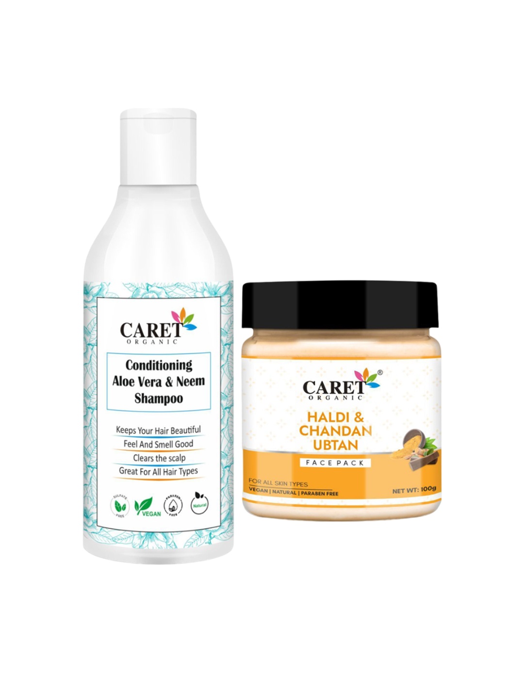 

CARET ORGANIC Set of 2 Neem Shampoo & Haldi, Chandan Ubtan Face Pack Combo, White