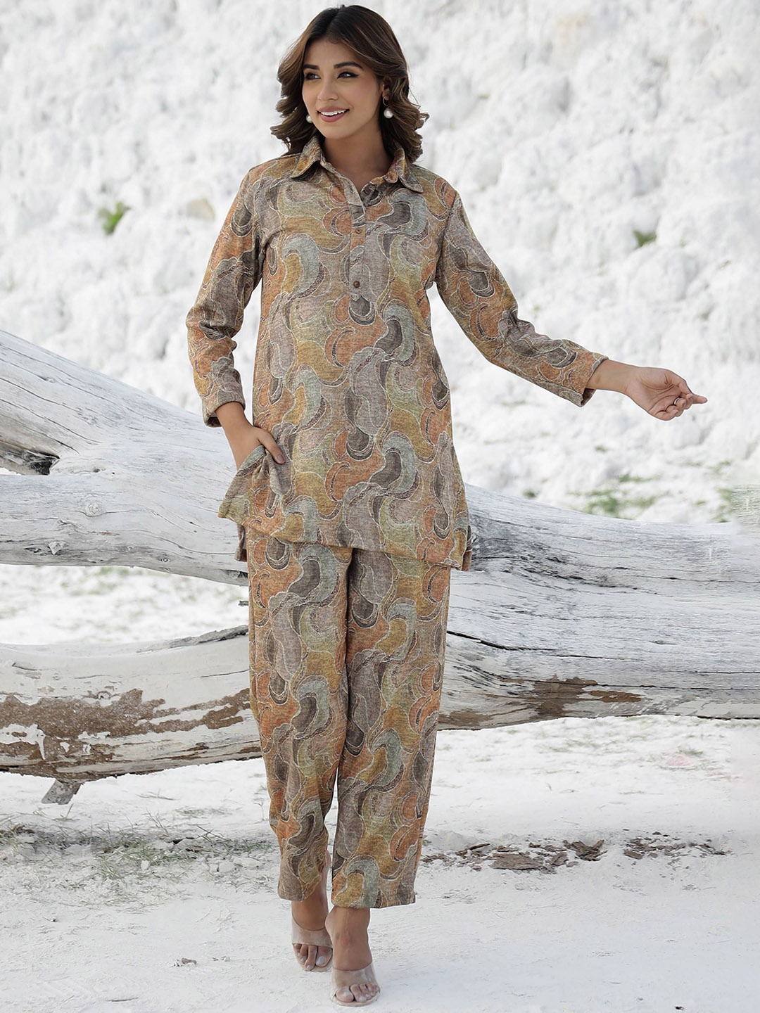 

FLAVIA CREATION Printed Pure Wool Tunic With Trousers, Mustard