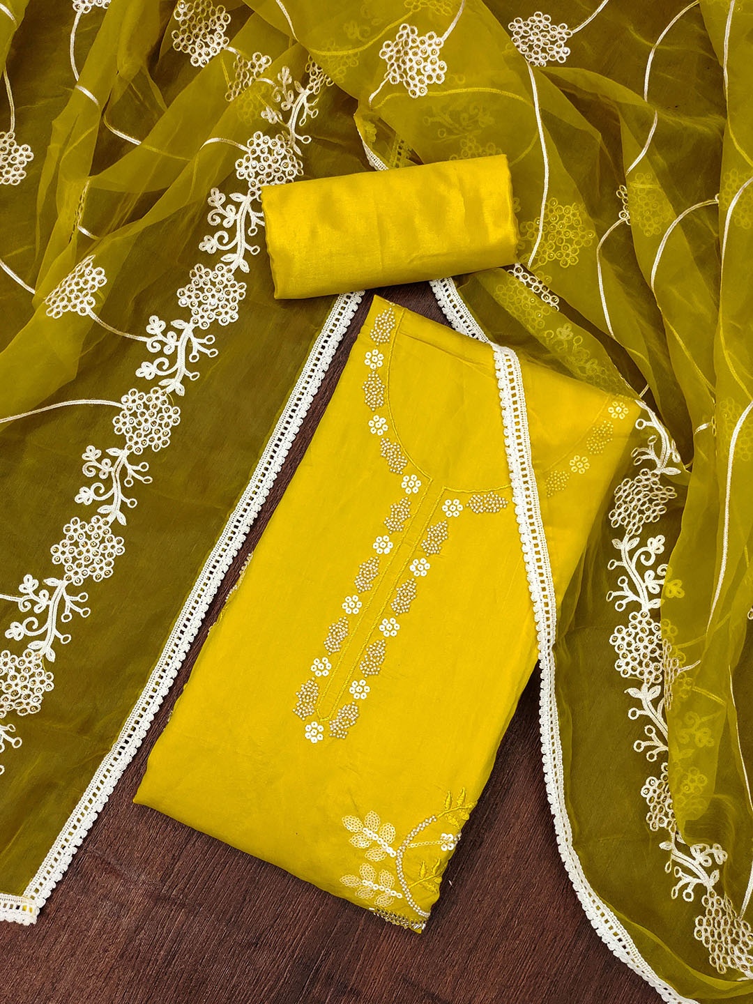 

MANVAA Floral Embellished Beads and Stones Unstitched Dress Material, Lime green